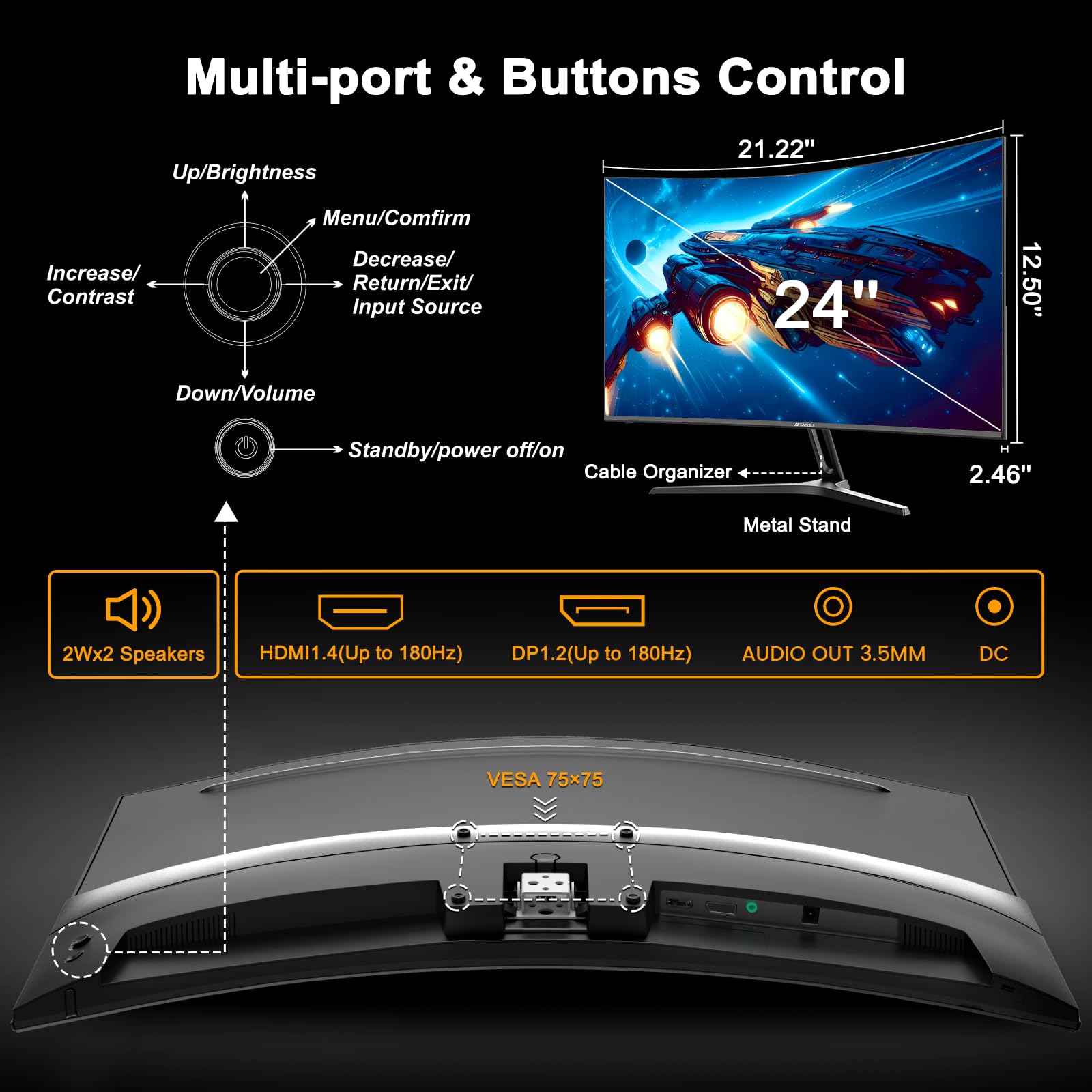 24 Inch Curved Gaming Monitor 180Hz 1ms MPRT - SANSUI FHD 1080P Computer Monitor with Built-in Speakers, FreeSync, 130% sRGB HDR, HDMI & DP Ports, VESA Mount - Perfect for Esports, Streaming & Home Office (Includes HDMI Cable)