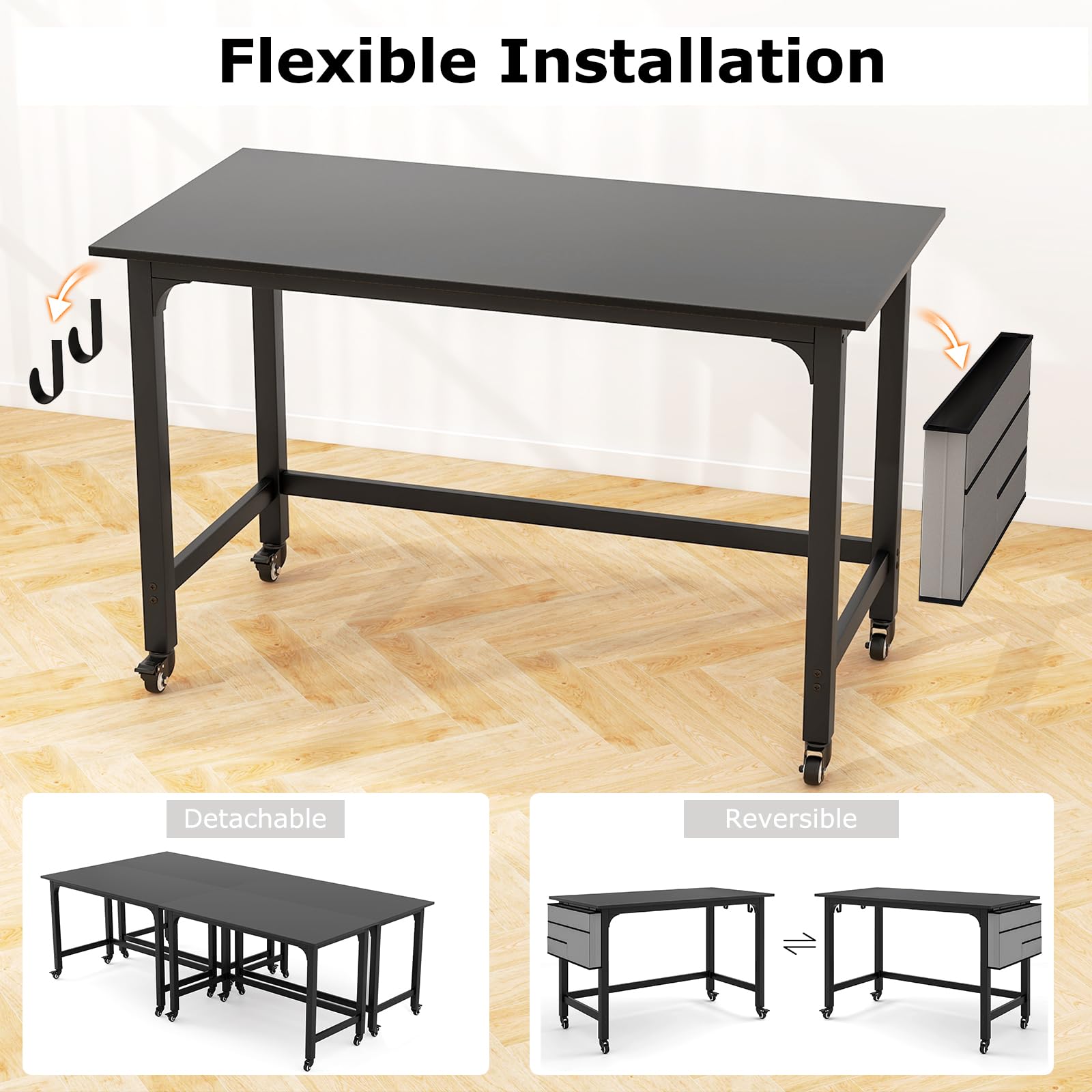 Tangkula 48 Inch Mobile Computer Desk with Storage Bag & 2 Hooks - Rolling Home Office Desk with Lockable Wheels, Study Writing Table for Bedroom, Dorm, Small Space - Perfect for Remote Work & Online Classes