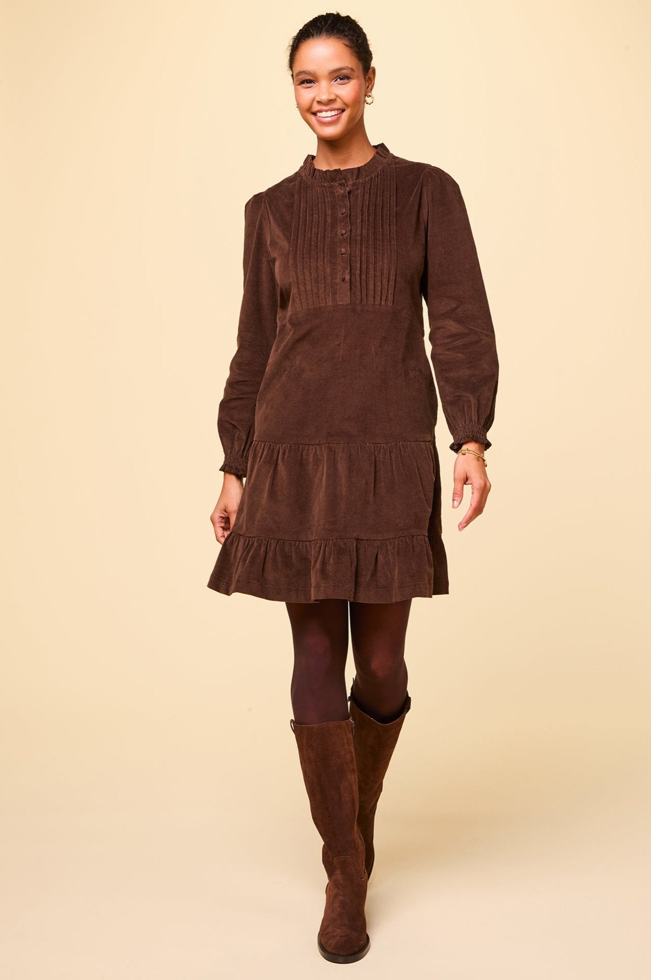 Stema Women's Short Corduroy Dress in Chocolate Brown | Casual Fall Outfit for Coffee Dates & Autumn Walks