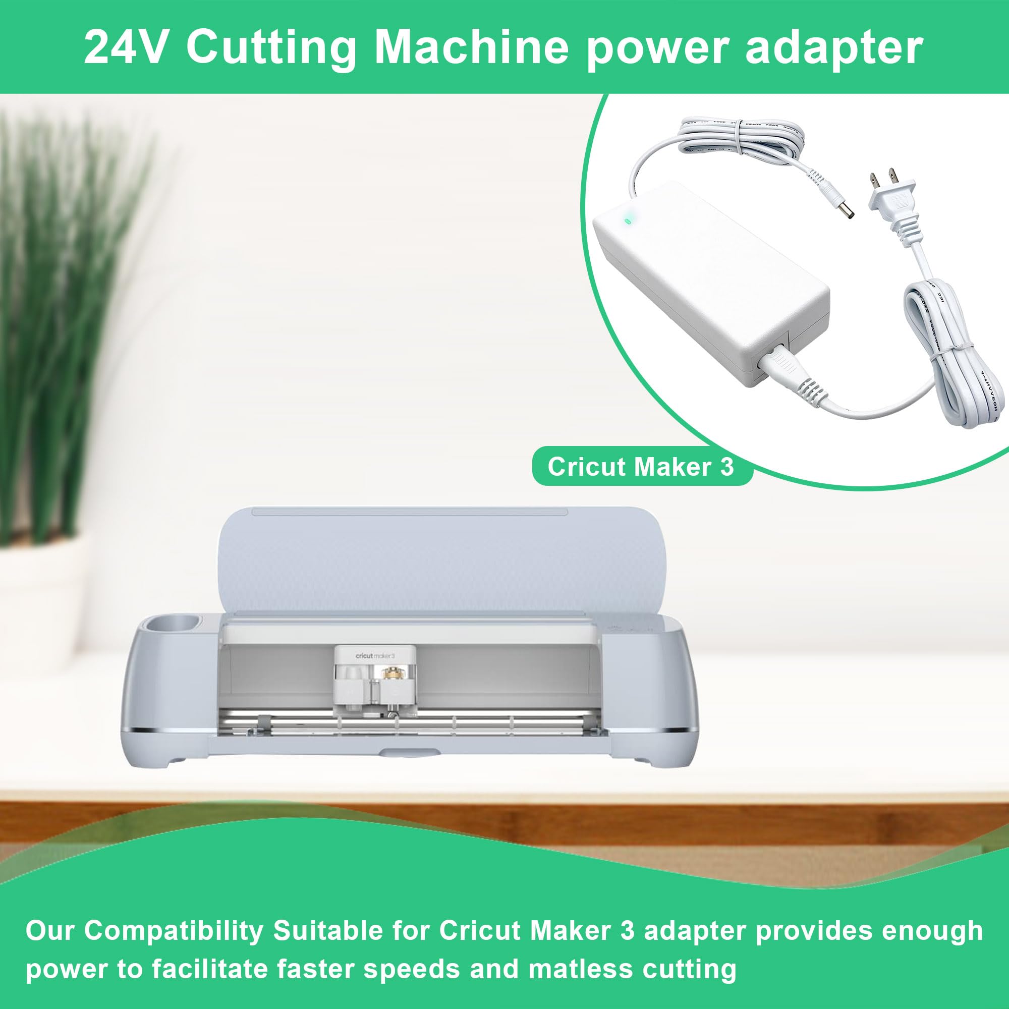 24VDC Power Cord Replacement for Cricut Maker 3 Cutting Machine - Compatible with Cricut Maker 3 Power Adapter & Charger (White) - Perfect for DIY Crafting, Vinyl Cutting & Scrapbooking Projects