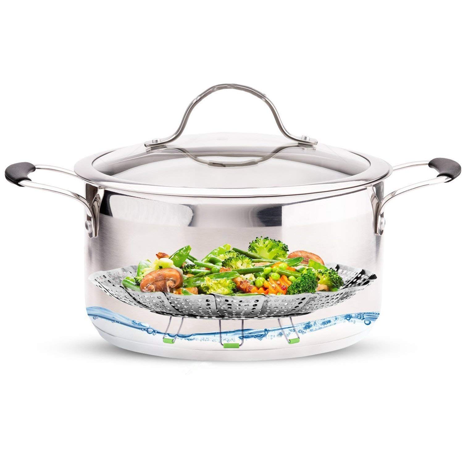 Stainless Steel Expandable Vegetable Steamer Basket for Cooking - Folding Steamer Insert with Extendable Handle Fits 6.4