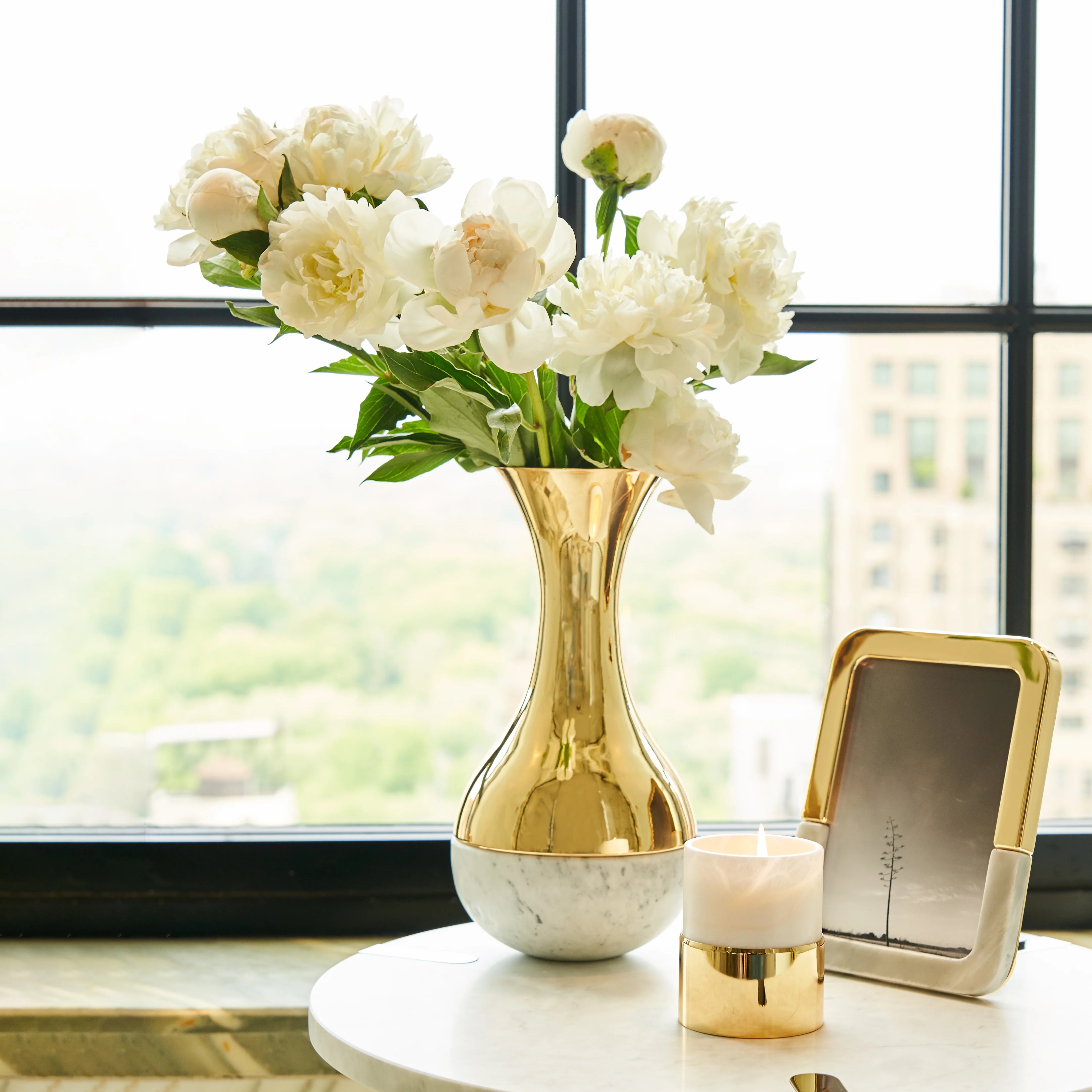 Elegant Dual Vase Set - Marble & Gold Home Decor for Living Room, Dining Table, and Wedding Centerpieces