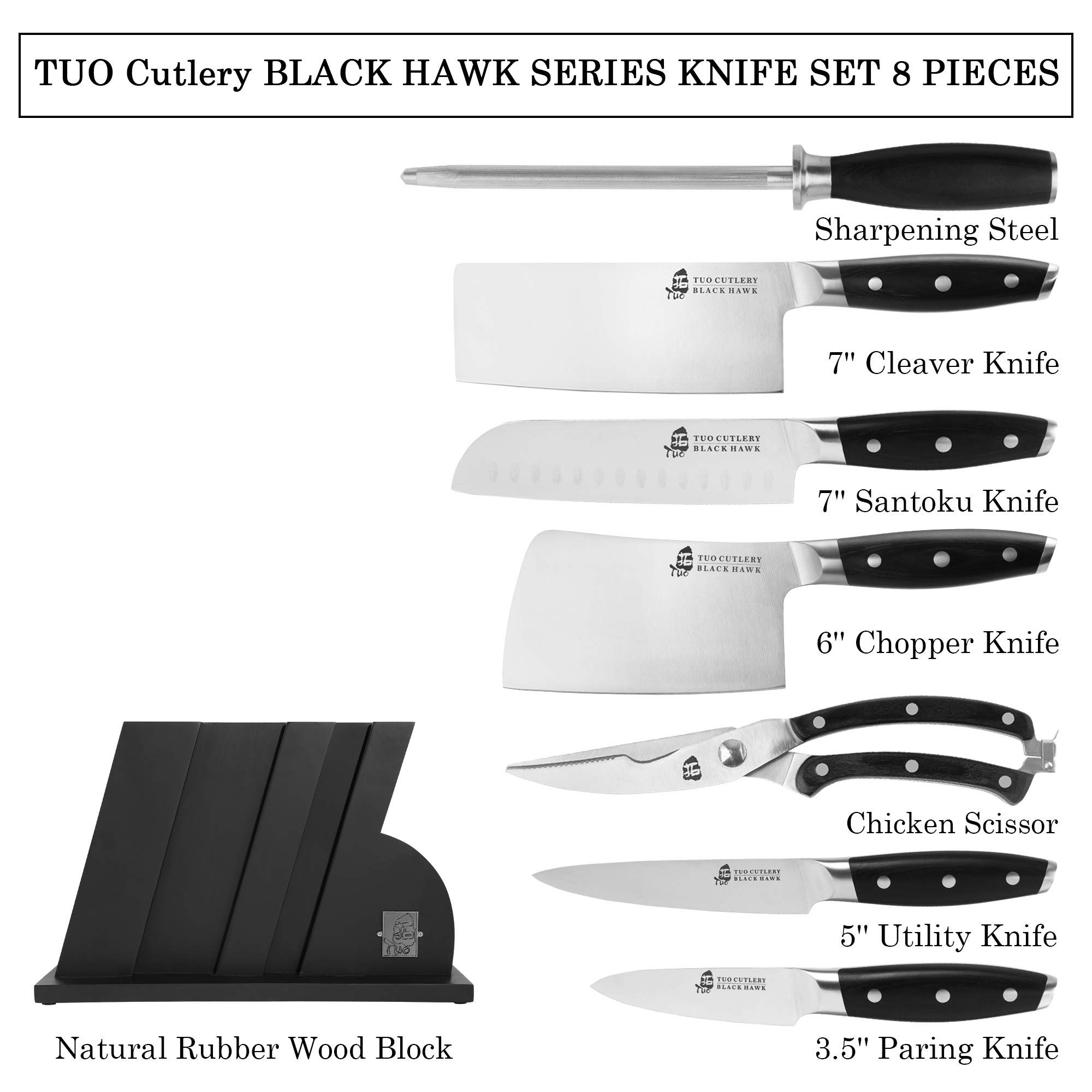 TUO Premium 8-Piece German Stainless Steel Kitchen Knife Set with Wooden Block - Includes Chef Knife, Paring Knife, Bread Knife, Steak Knives, Honing Steel & Shears - Ergonomic Pakkawood Handle Black Hawk Series (Gift Box) - Perfect for Home Chefs, Cooking Enthusiasts & Professional Kitchens
