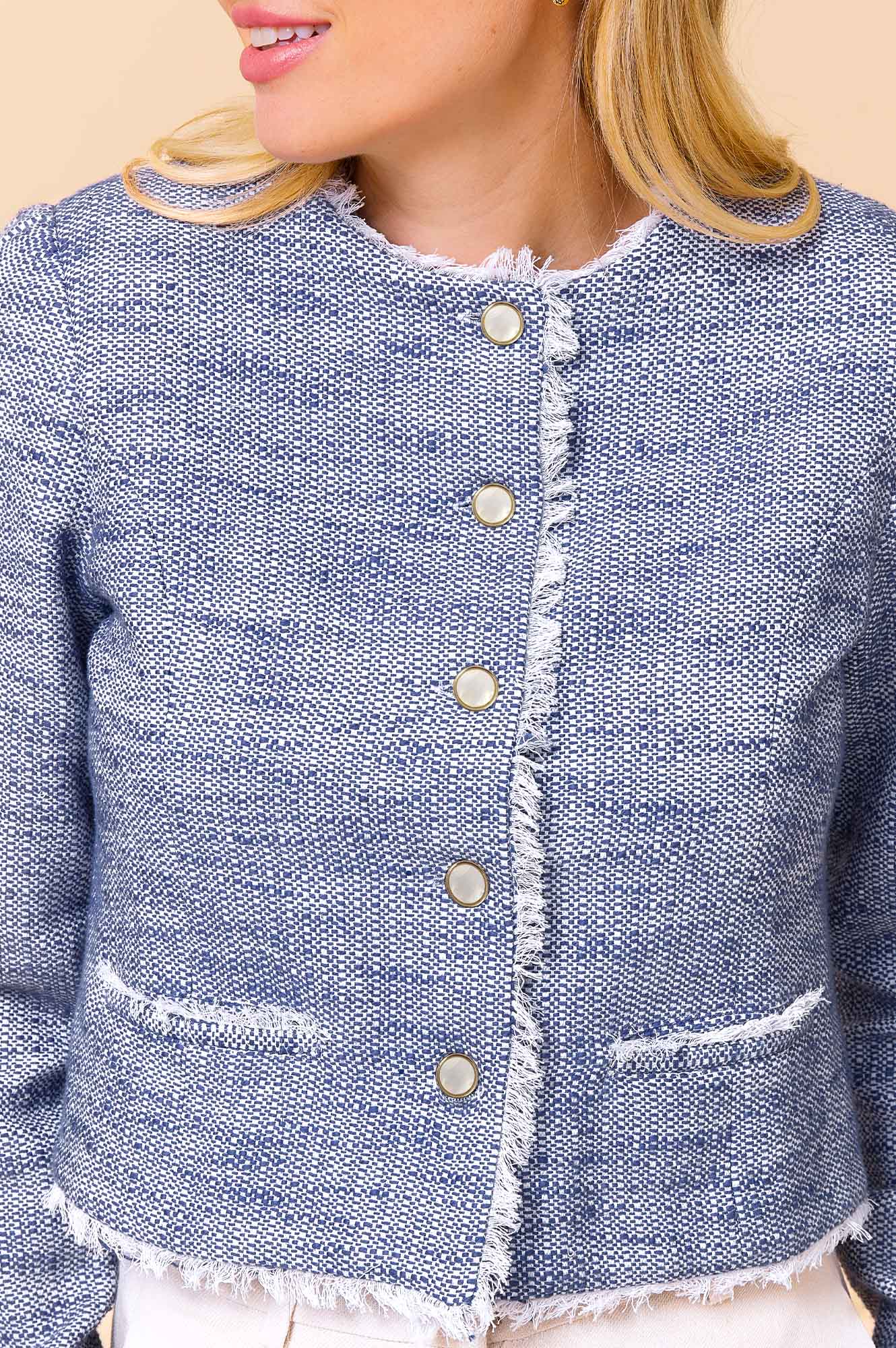Violet Bouquet Boucle Jacket for Women - Soft Blue & White Knit Cardigan | Perfect for Spring Outfits, Office Wear & Casual Dates