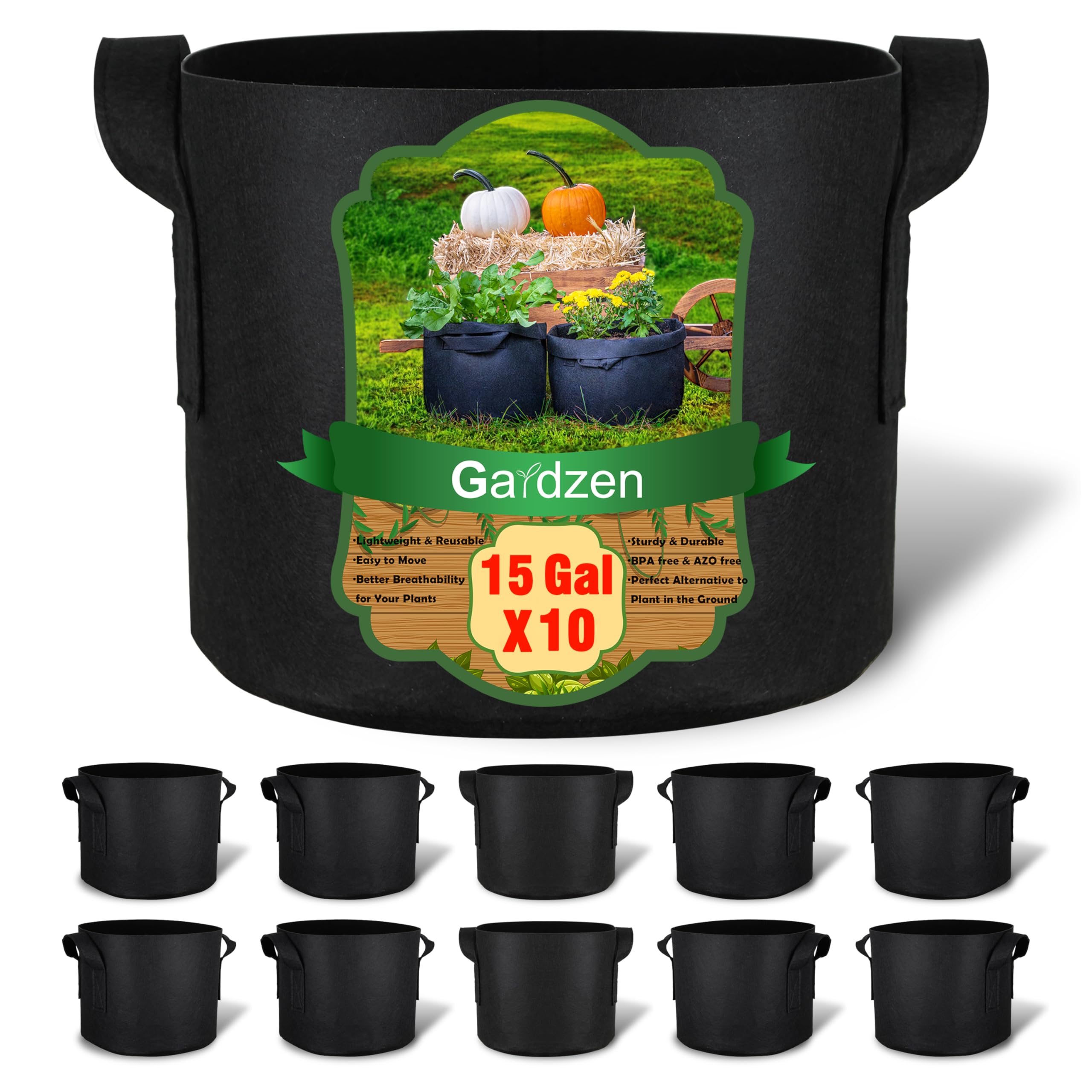**Gardzen 10-Pack 15 Gallon Aeration Fabric Grow Bags with Handles – Durable Plant Pots for Vegetables, Flowers & Herbs – Ideal for Indoor & Outdoor Gardening**