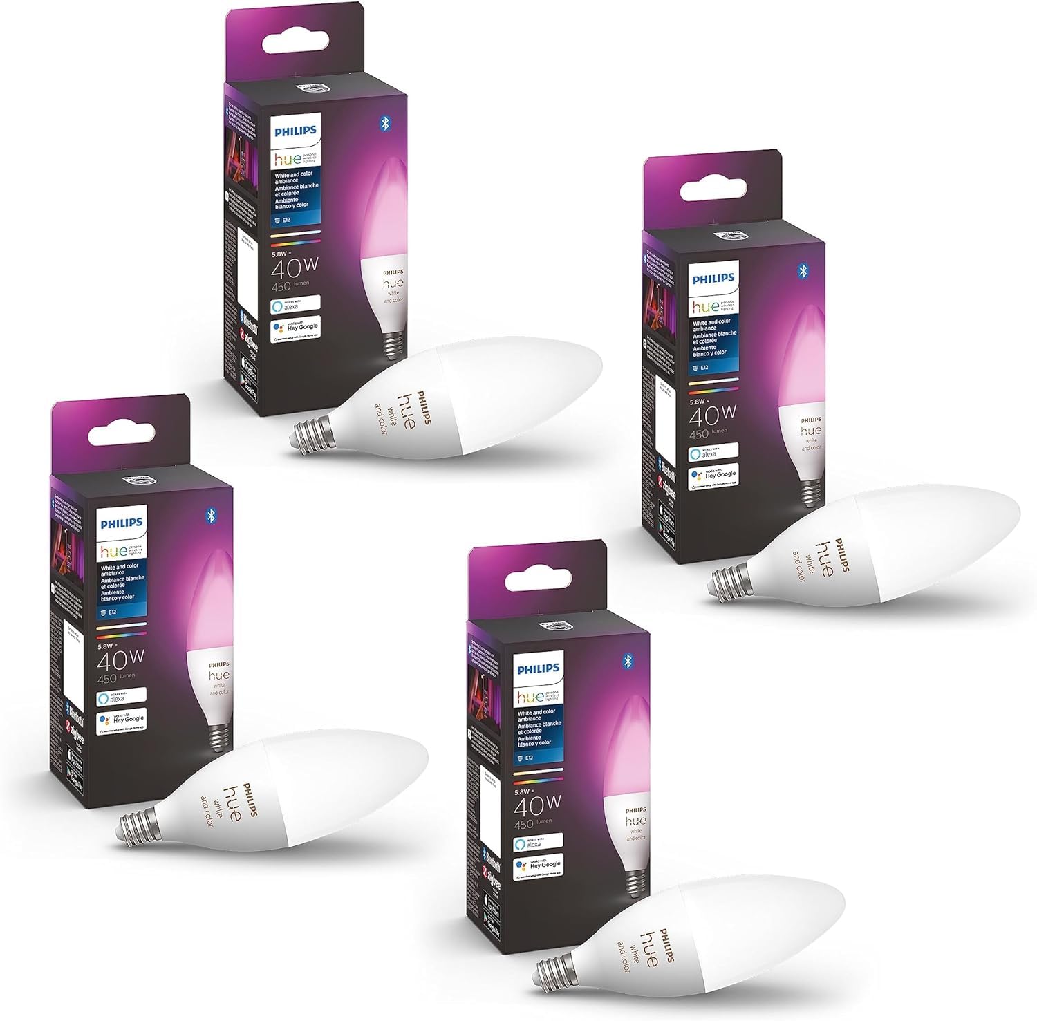 Philips Hue Smart 40W B39 Candle LED Bulb - White & Color Changing Light (4 Pack, 450LM, E12 Base) - Works with Alexa, Google Assistant & Apple HomeKit - Perfect for Bedroom, Living Room & Holiday Decorations