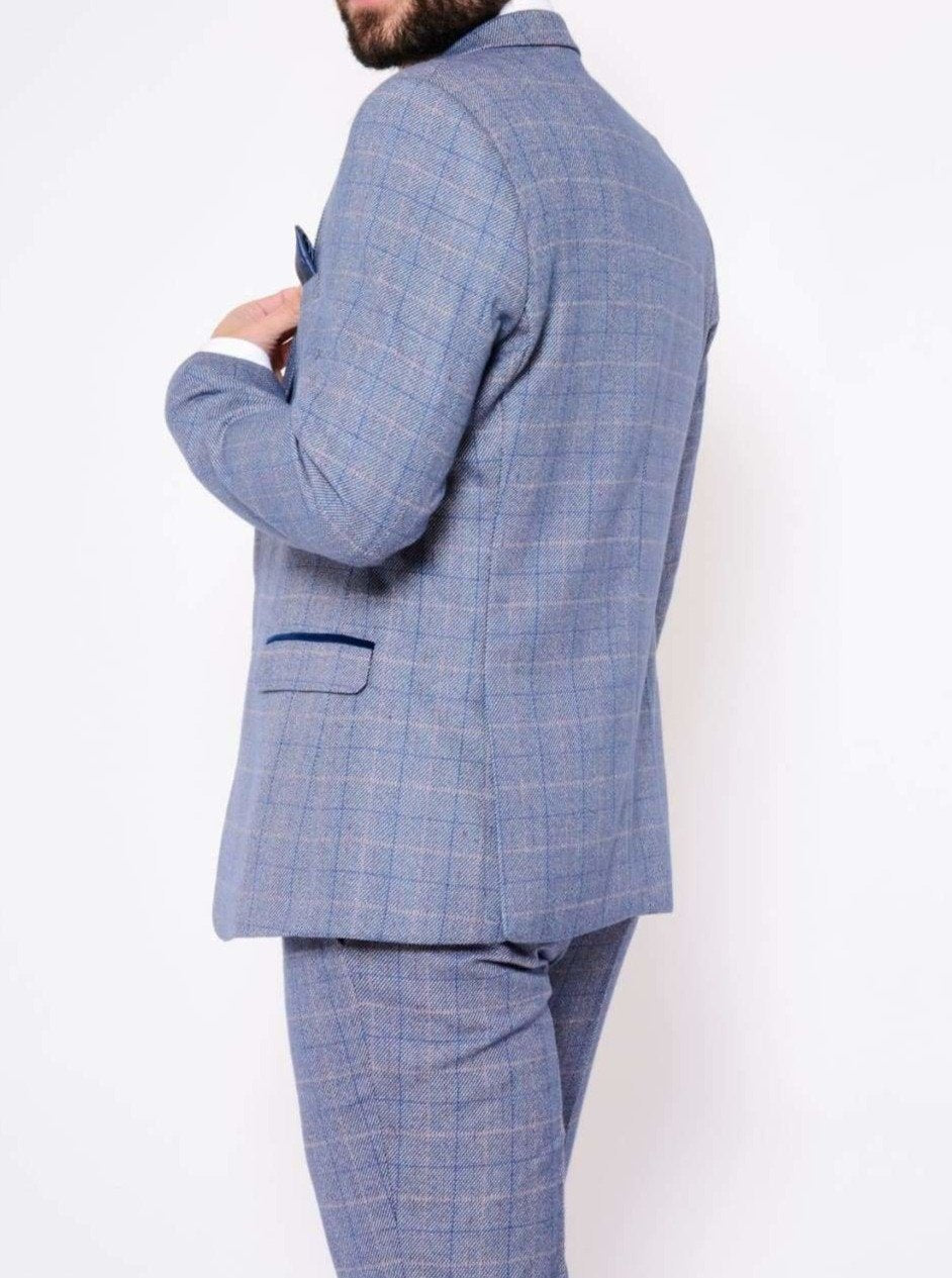 Marc Darcy Harry 3-Piece Sky Blue Tweed Check Suit for Men - Wedding, Business & Formal Occasions