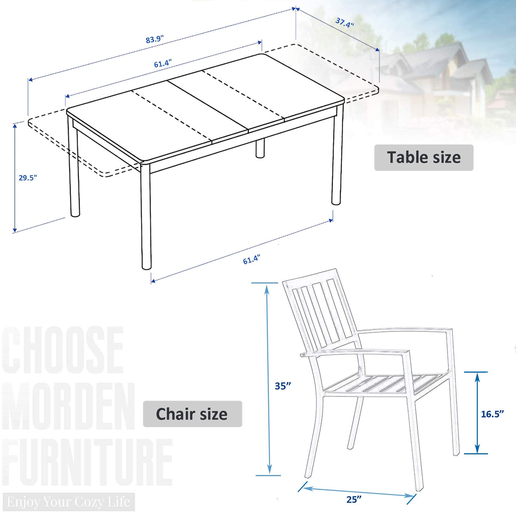 MFSTUDIO 7-Piece Outdoor Dining Set - Black Metal Patio Furniture with 6 Stackable Steel Chairs & 1 Expandable Rectangular Table - Perfect for Backyard, Garden, Porch, and Lawn Entertaining