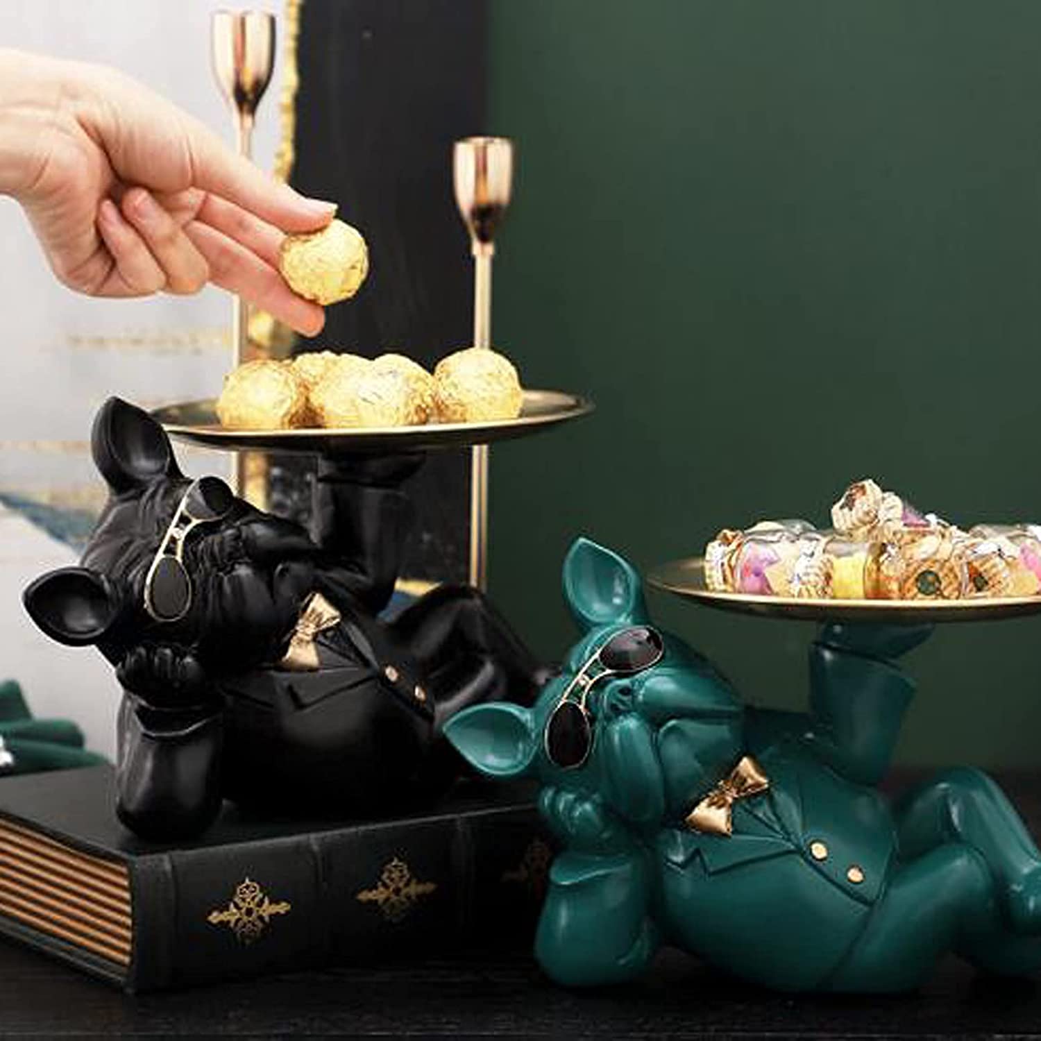 French Bulldog Resin Statue - Black Dog Figurine for Home Decor, Key Tray, Snack Holder | Desktop Decoration for Living Room, Office & Gift Giving