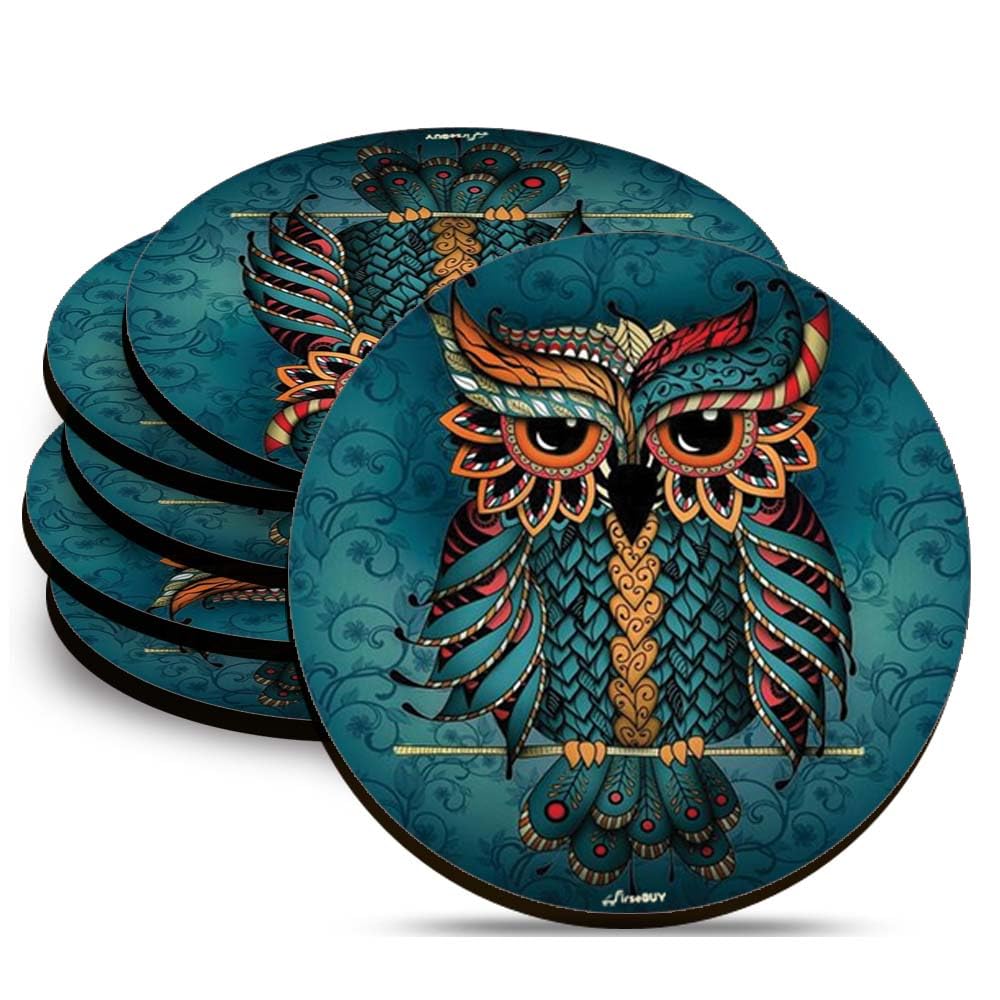 Premium Drink Coasters Set of 6 - Elegant Owl Art Printed MDF Coasters for Coffee Tables, Bars & Home Decor | Perfect Housewarming Gift for Kitchen, Apartment & Wooden Table Protection
