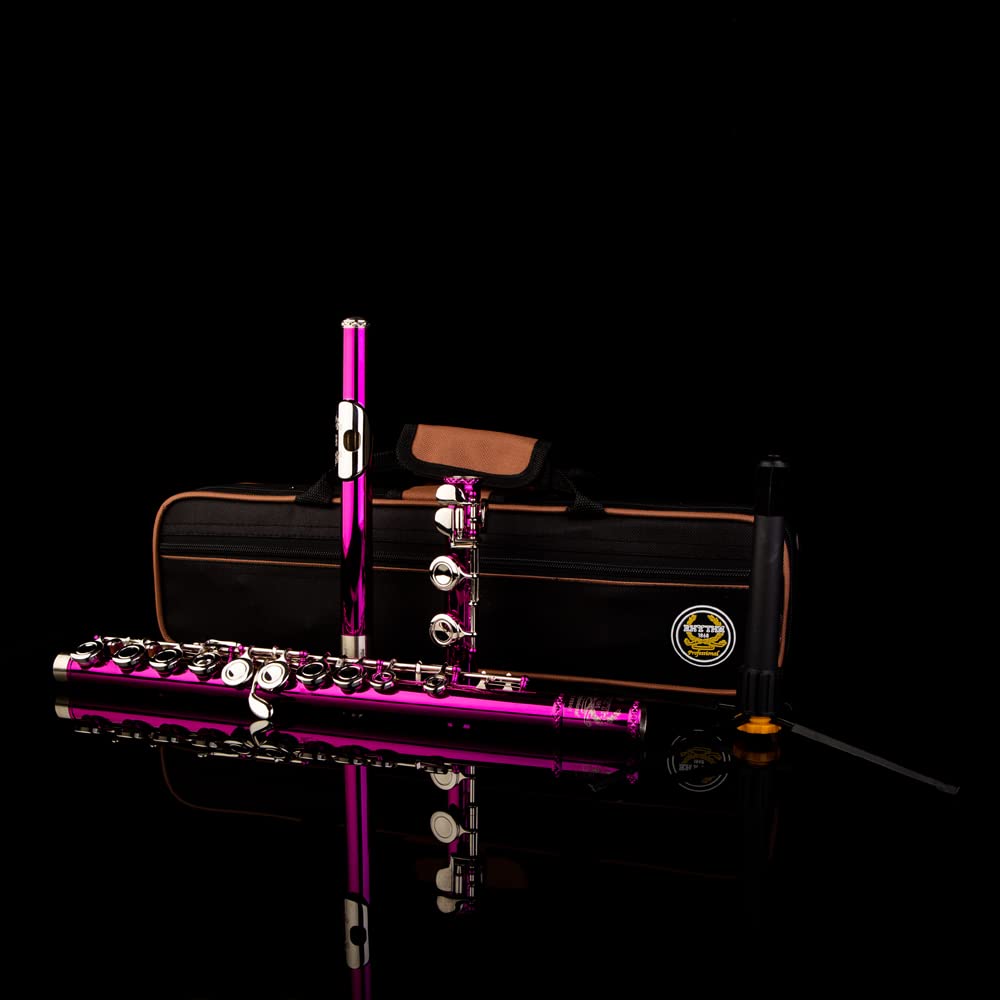 16 Keys C Flute with Engraved Flower Design - Closed Hole Student Flute for Beginners | Includes Cleaning Kit, Stand, Carrying Case, Gloves & Tuning Rod | Perfect for School Band, Music Practice & Gift (Pink)