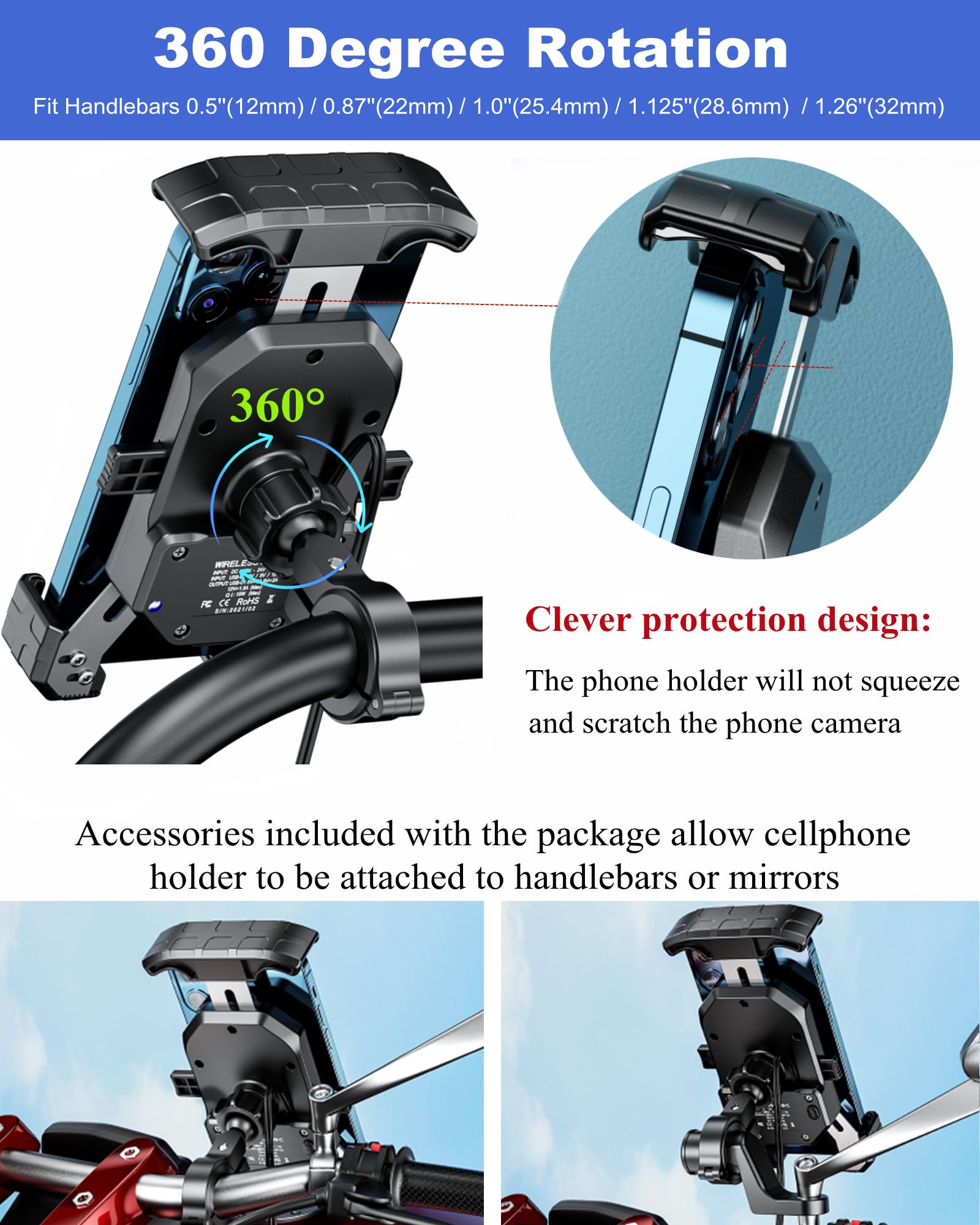 BRCOVAN Motorcycle Phone Mount with Qi 15W Wireless Charger & USB-C 20W Fast Charging - One-Hand Operation Handlebar Phone Holder for 4-7 Inch Smartphones - Aluminum Alloy Base - Perfect for Riding, Commuting & GPS Navigation