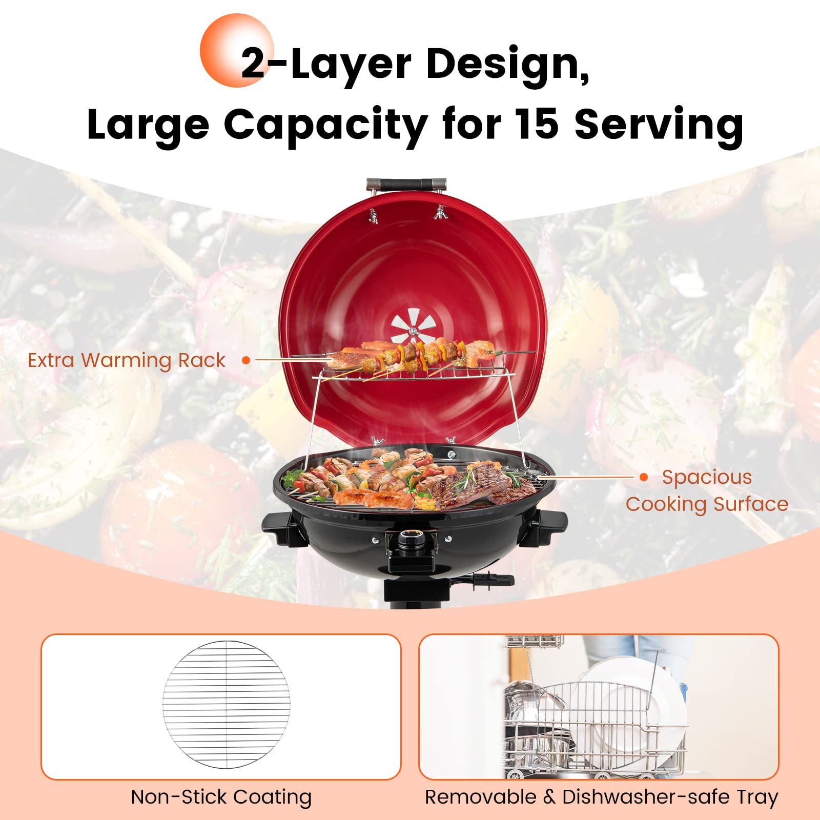 HAPPYGRILL 1600W Electric Outdoor BBQ Grill with Warming Rack - Portable Stand Grill for 15 People - Perfect for Backyard, Camping, and Picnic Parties
