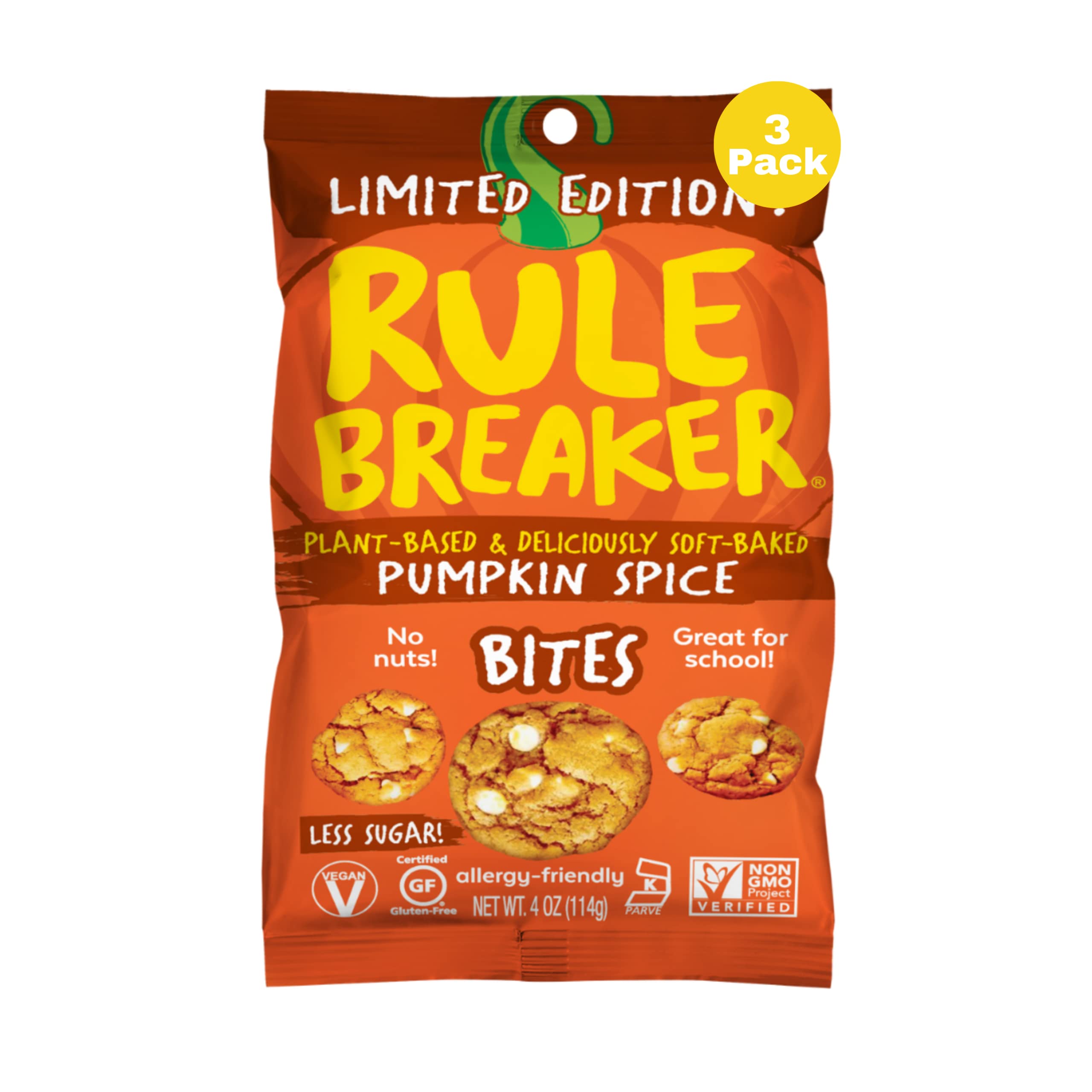 Rule Breaker Snacks Vegan Gluten Free Pumpkin Spice Cookie Bites - Plant-Based, Dairy Free, Nut Free, Soy Free, Allergen Free, Kosher Certified Soft-Baked Cookies - Healthy School Snacks for Kids & Adults (Pack of 3) | Perfect for Lunchboxes, After-School Treats & On-The-Go Snacking