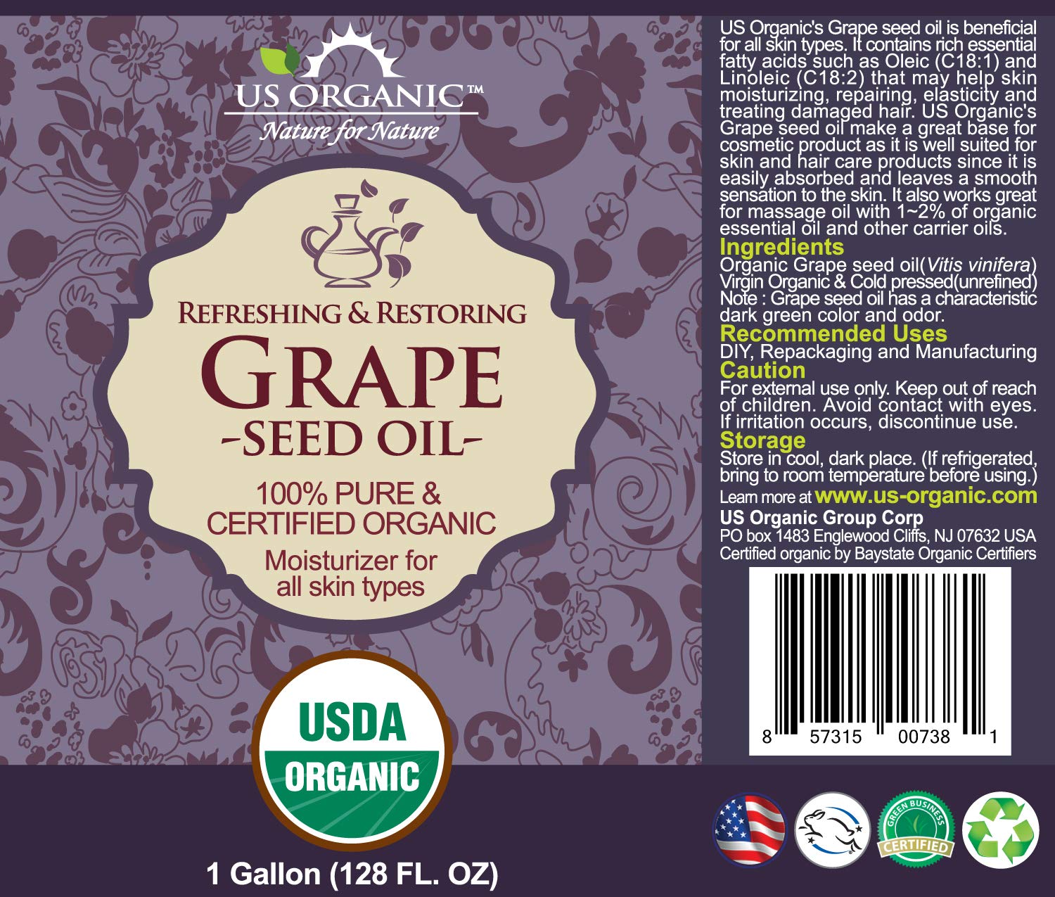 USDA Certified Organic Grape Seed Oil - 100% Pure, Natural, Cold Pressed & Unrefined Virgin Oil (1 Gallon/128oz) for Cooking, Skincare & DIY Projects - Perfect for Home Chefs, Beauty Recipes & Small Manufacturers