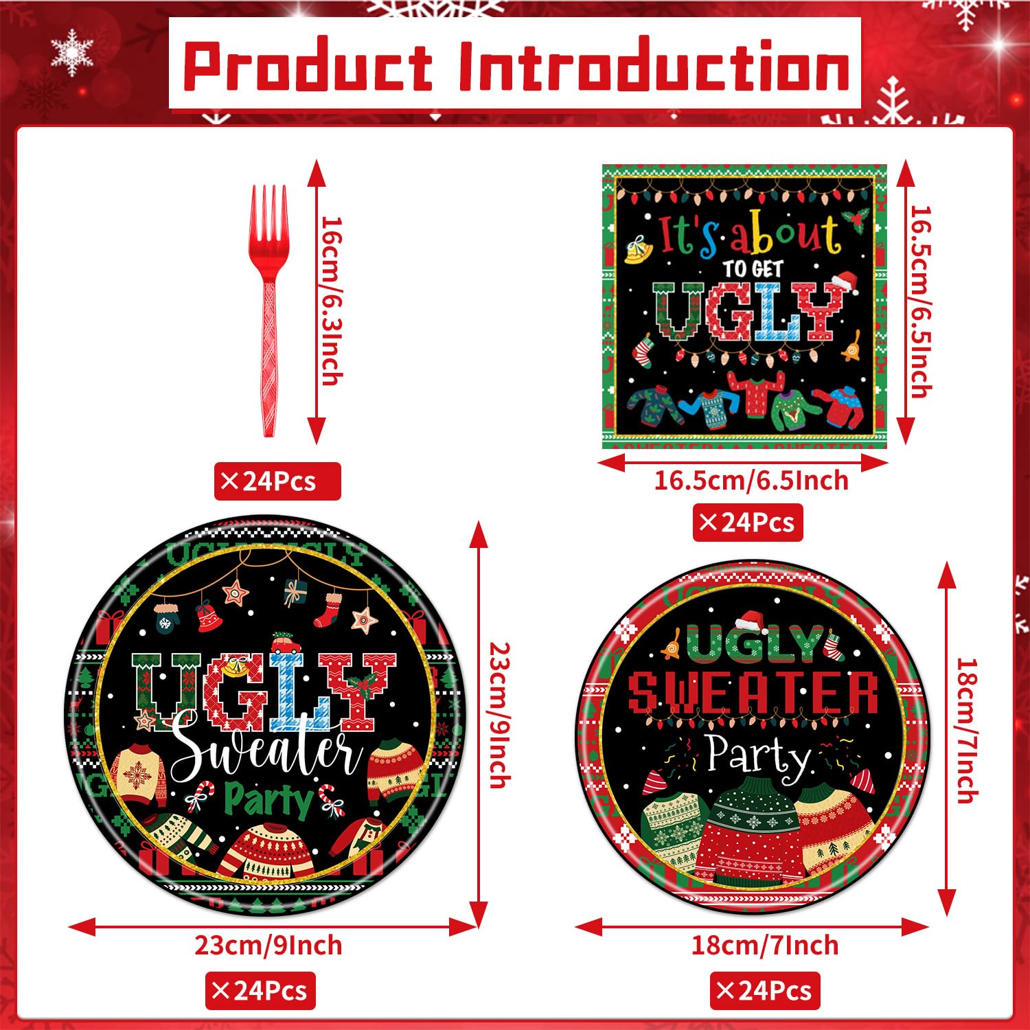 96PCS Ugly Christmas Sweater Party Supplies Set - Disposable Plates, Napkins & Forks for 24 Guests | Tacky Holiday Dinnerware for Xmas Decorations & Ugly Sweater Theme Parties