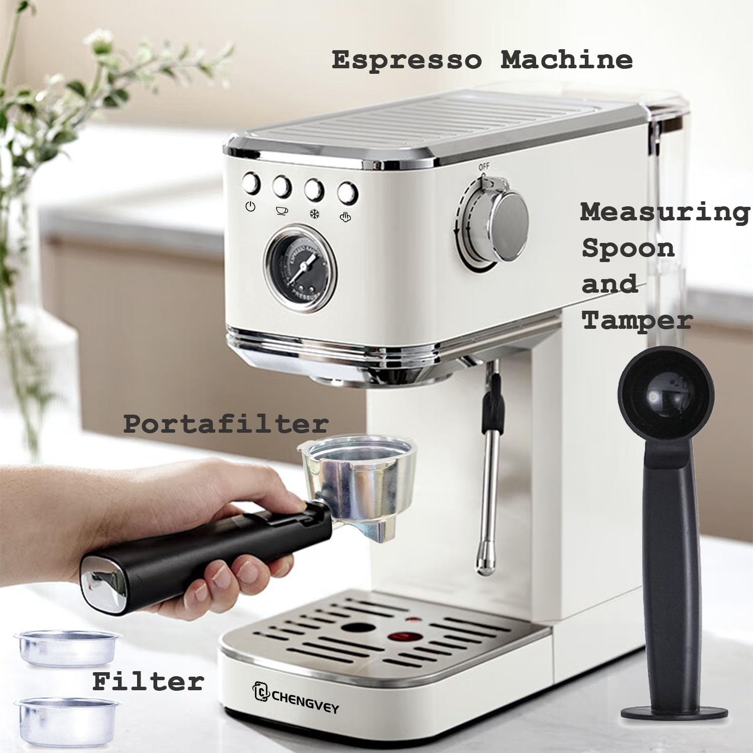 20 Bar Professional Espresso Machine with Milk Frother - Stainless Steel Iced Coffee Maker for Home & Office - Compact Coffee Machine Perfect for Lattes & Cappuccinos - Ideal Gift for Dad, Mom & Coffee Lovers (Ivory Beige) - Great for Morning Brews, Afternoon Pick-Me-Ups & Entertaining Guests