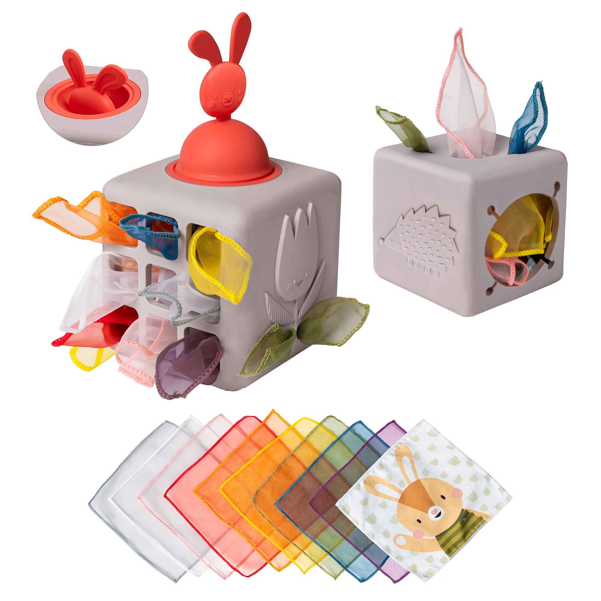Taf Toys Baby Tissue Box - Montessori Sensory & Motor Skills Development Toy for 1 Year Old Boys & Girls | Includes 10 Fabric Tissues & Pop-Up Bunny | Perfect for Preschool Learning, Teething Relief & Independent Play
