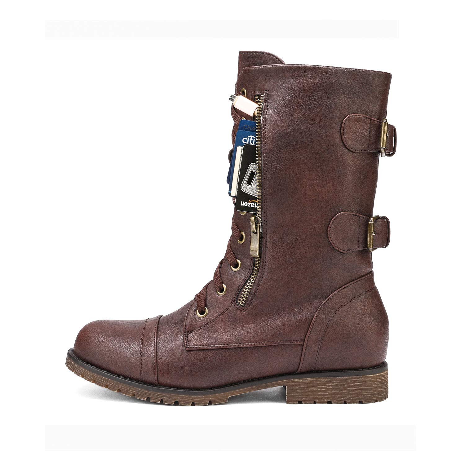 DREAM PAIRS Women's Mid Calf Combat Boots with Built-in Wallet Pocket & Lace Up Design - Stylish Military Boots for Hiking, Outdoor Adventures & Everyday Wear