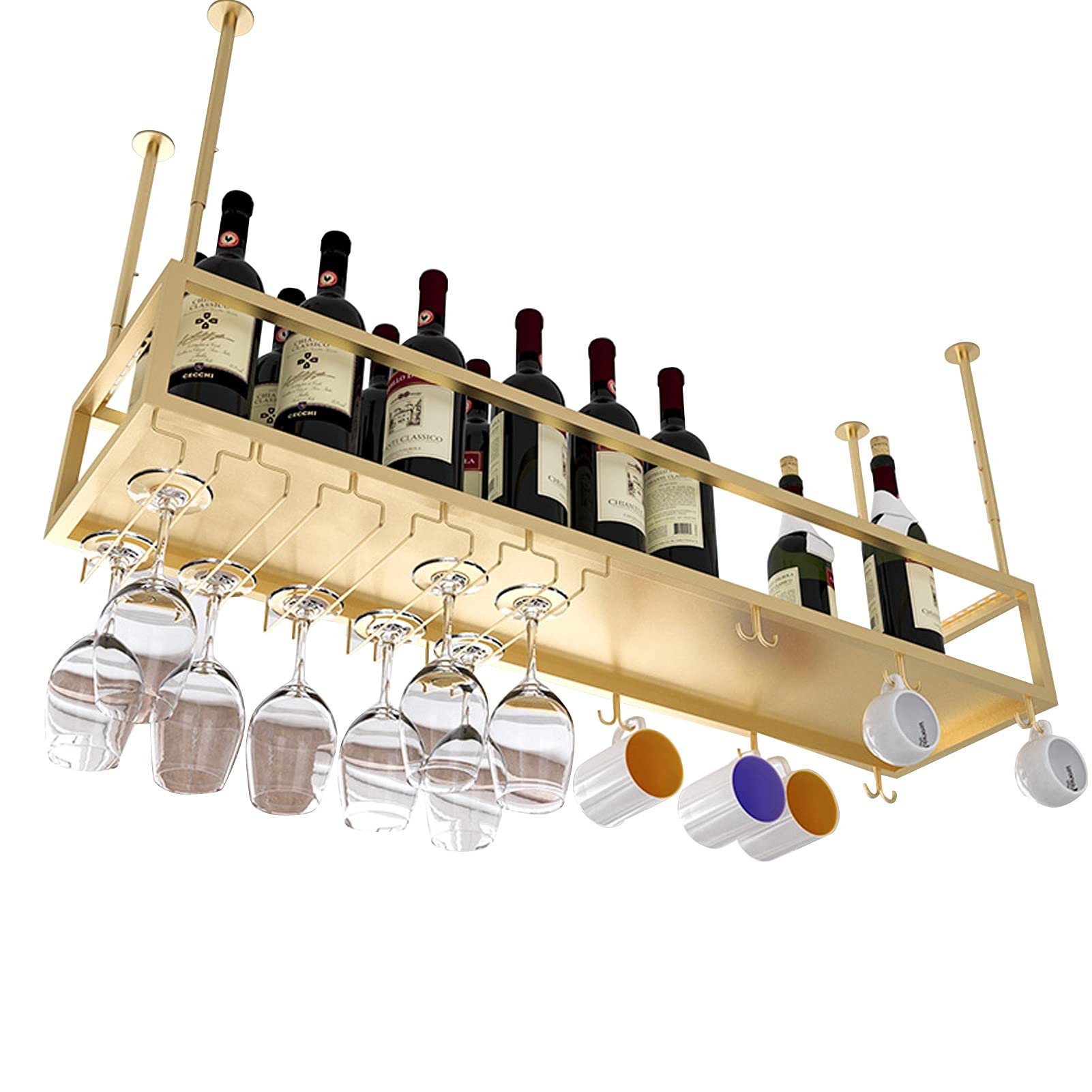 Gold Metal Floating Wine Rack - Ceiling Hanging Stemware Storage Shelf for Wine Bottles & Glass Goblets (140x25x21cm) - Perfect for Kitchen, Bar Decor & Wine Display in Restaurants or Home Entertaining Spaces