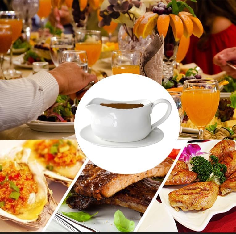17oz Ceramic Gravy Boat with Stand - Dripless Spout, Microwave Safe for Sauces & Dressings - Perfect for Thanksgiving & Dinner Parties