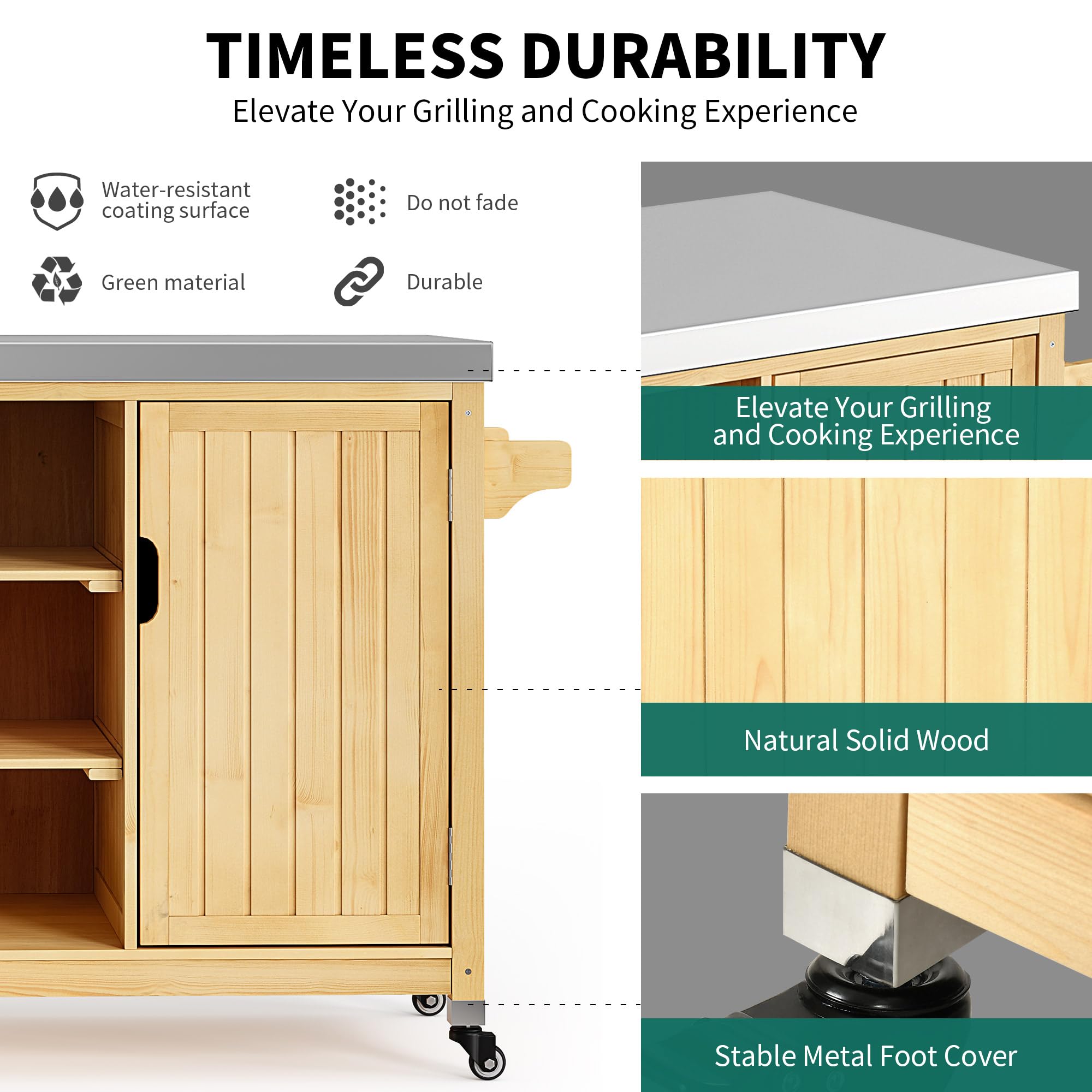 YITAHOME Solid Wood Patio Bar Table - XL Outdoor Storage Cabinet with Spice Rack & Side Handle - Large Space Portable Kitchen Island for Patio, Garden, Porch, Balcony - Perfect for Outdoor Entertaining & Small Space Storage