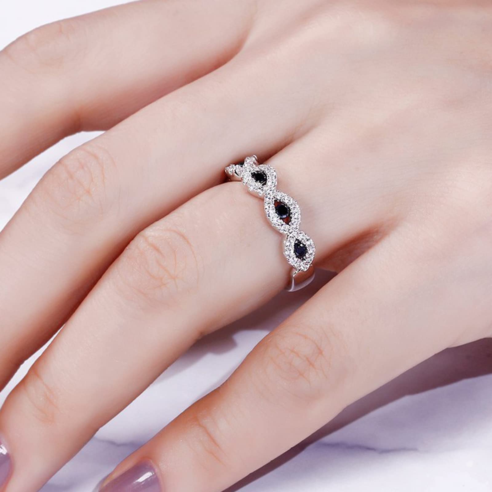 Jeulia Engraved Wedding Stackable Rings - Sterling Silver Band with Sapphire Blue & White Diamond Cubic Zirconia - Half Eternity Engagement, Promise & Anniversary Rings - Gift Box Included - Perfect for Proposals, Vows Renewal & Romantic Gifts