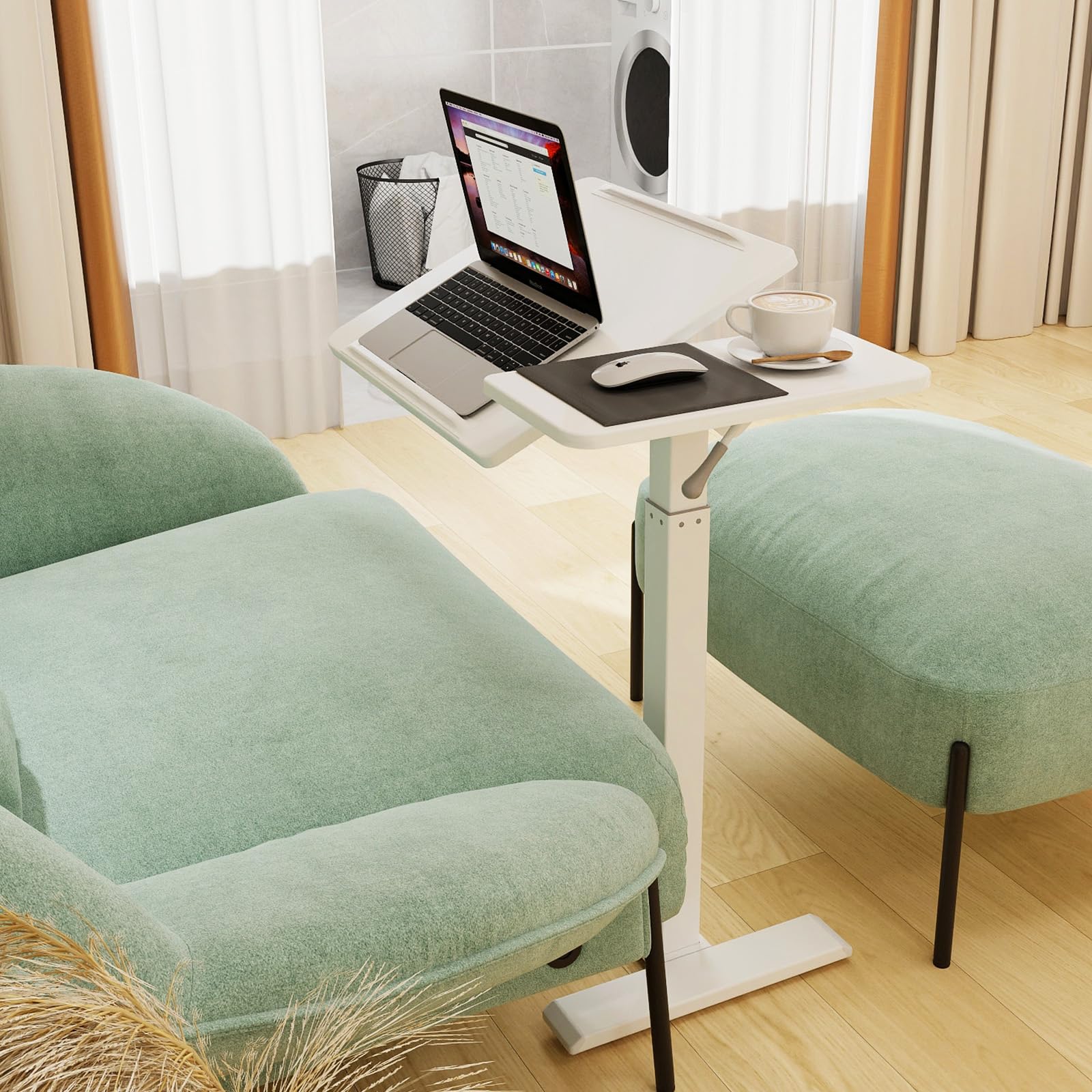 PUNCIA Adjustable Pneumatic Overbed Table with Wheels - Split Top Tilting Bedside Table with Tray - Rolling Laptop Computer Standing Desk Cart (Height 27