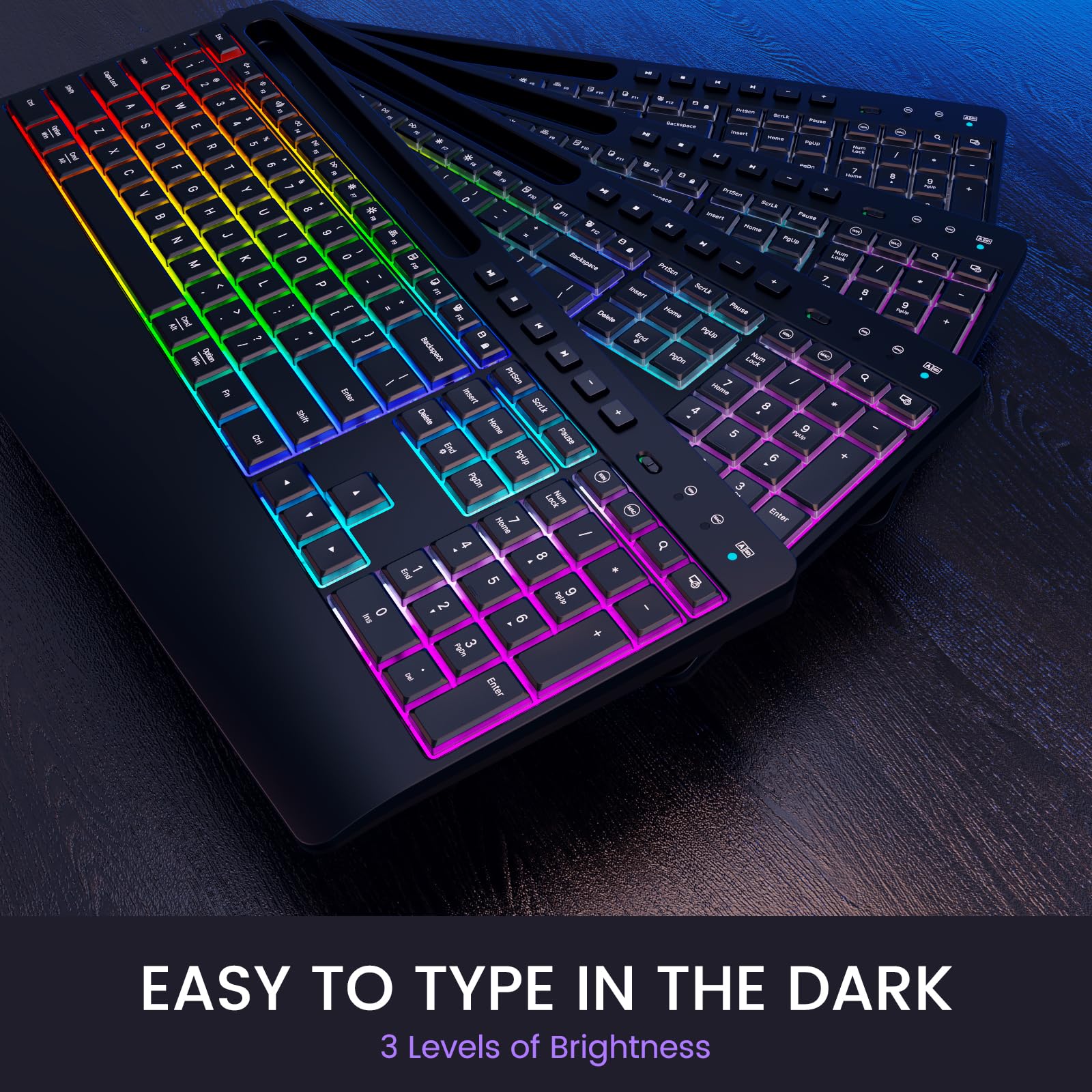 RGB Backlit Wireless Keyboard and Mouse Combo - 2.4G Rechargeable Full-Size Ergonomic Set with Phone/Tablet Holder | Silent Typing for PC, Laptop, Office & Gaming Use