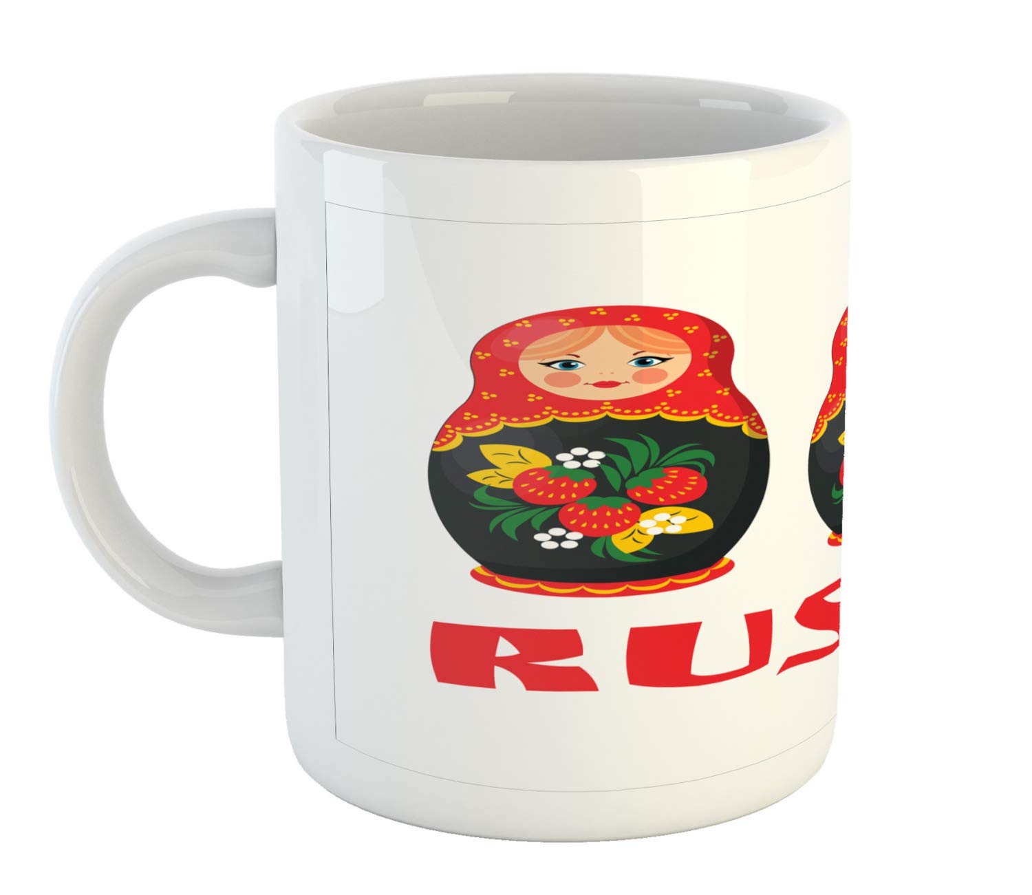 Ambesonne Traditional Russian Matryoshka Nesting Doll Ceramic Coffee Mug - 11 oz Ethnic Art Tea Cup for Water, Coffee & Hot Drinks - Vermilion White Green Design - Perfect for Home, Office & Gift Giving