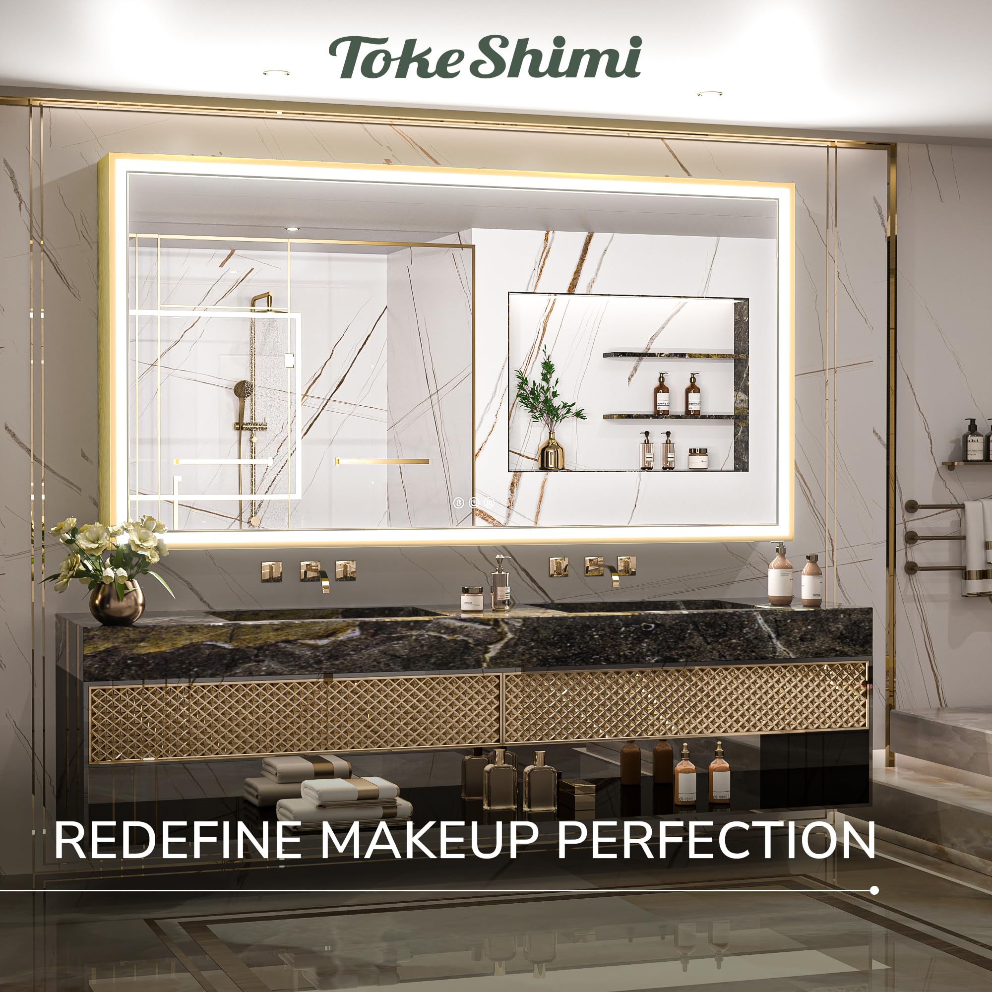 TokeShimi 72 x 36 Inch LED Bathroom Vanity Mirror with Lights - Gold Aluminum Alloy Matte Frame, 3 Color Temperatures, Anti-Fog, Memory Function & Stepless Dimming - Perfect for Modern Bathroom, Dressing Room and Makeup Area