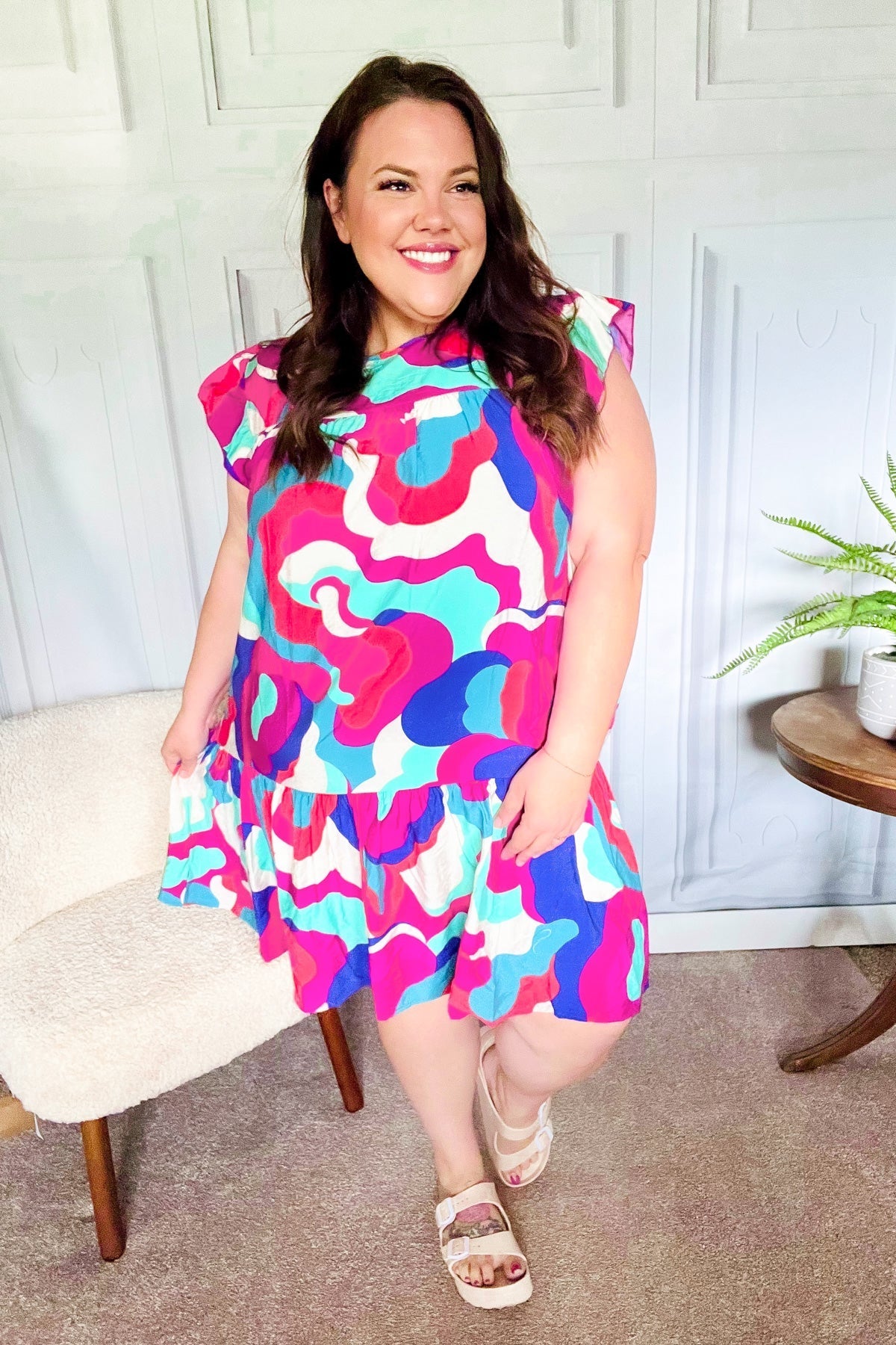 Go For Fun Fuchsia Geo Print Tiered Ruffle Sleeve Woven Dress for Women | Summer Casual Party Wear | Perfect for Beach Vacations, Date Nights & Outdoor Events