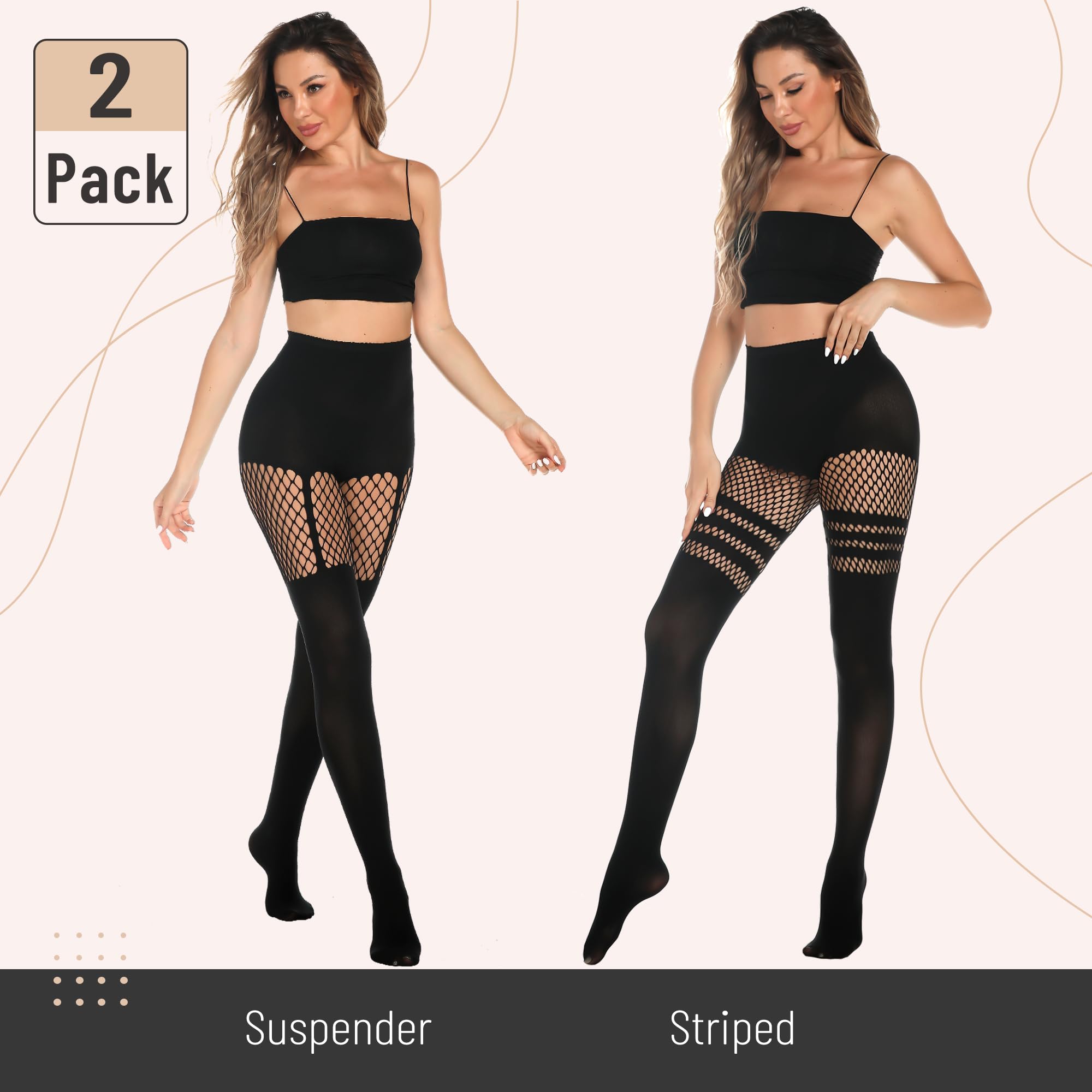 MANZI Women's Faux Thigh High Fishnet Stockings - Opaque Pantyhose with Striped Suspender Tights - Gothic Style Over The Knee Socks for Cosplay, Halloween, Burlesque & Night Out