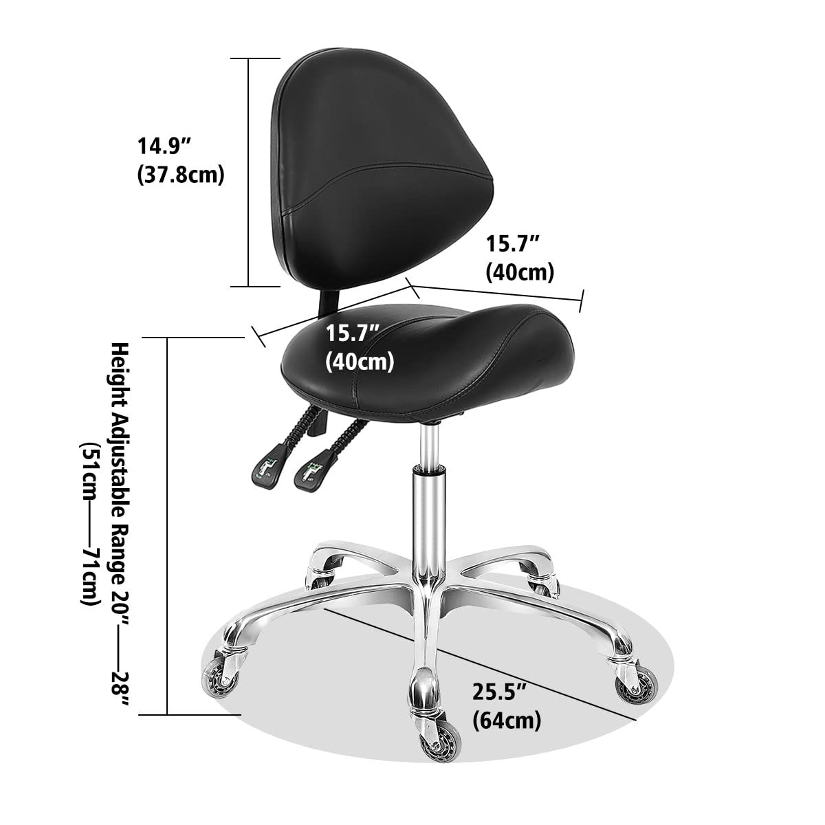 Ergonomic Rolling Saddle Stool with Back Support - Adjustable Height Dental Hygienist Chair, Lash Extension Stool for Tattoo Artists, Spa & Salon Professionals (Black) - Perfect for Long Work Shifts in Clinics, Beauty Salons & Tattoo Studios