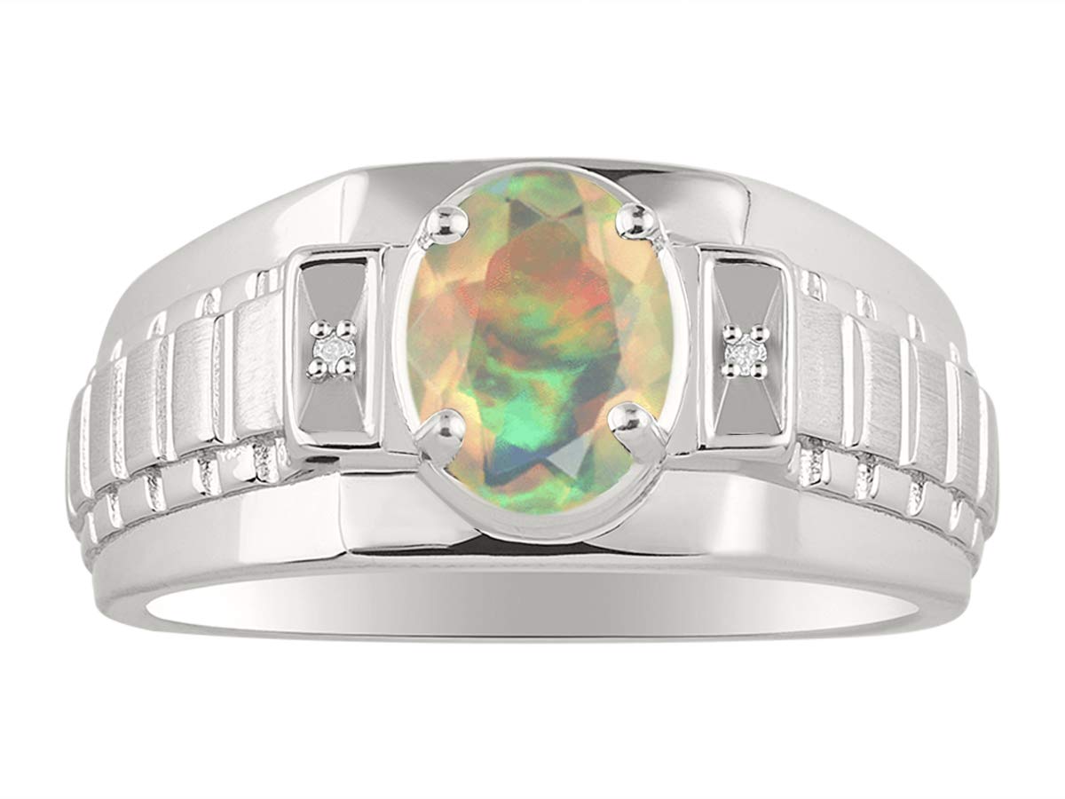 14K White Gold Men's Rings with Oval Gemstone & Genuine Diamond - RYLOS Classic Designer Birthstone Rings for Men (Sizes 8-13) | Perfect for Weddings, Anniversaries, Gifts & Everyday Luxury Jewelry