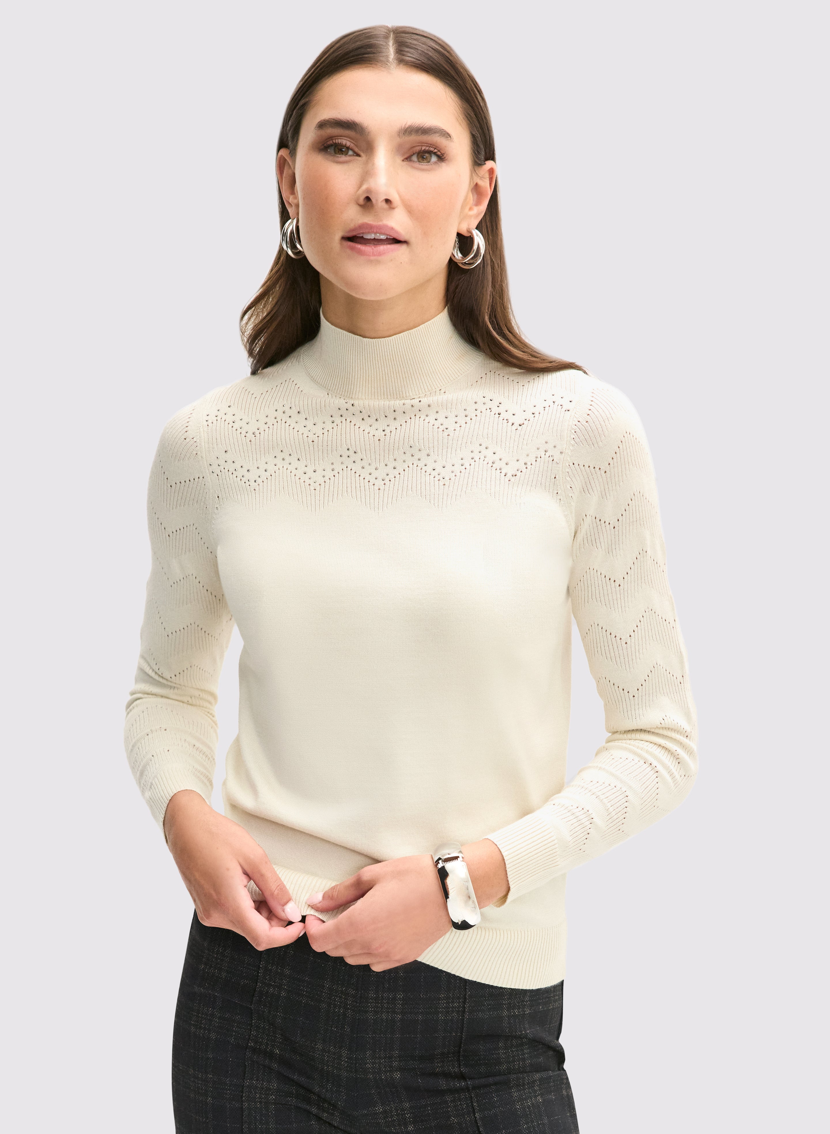 Embellished Funnel Neck Sweater for Women - Cozy Winter Knit Pullover with Elegant Beading - Perfect for Holiday Parties & Casual Outings