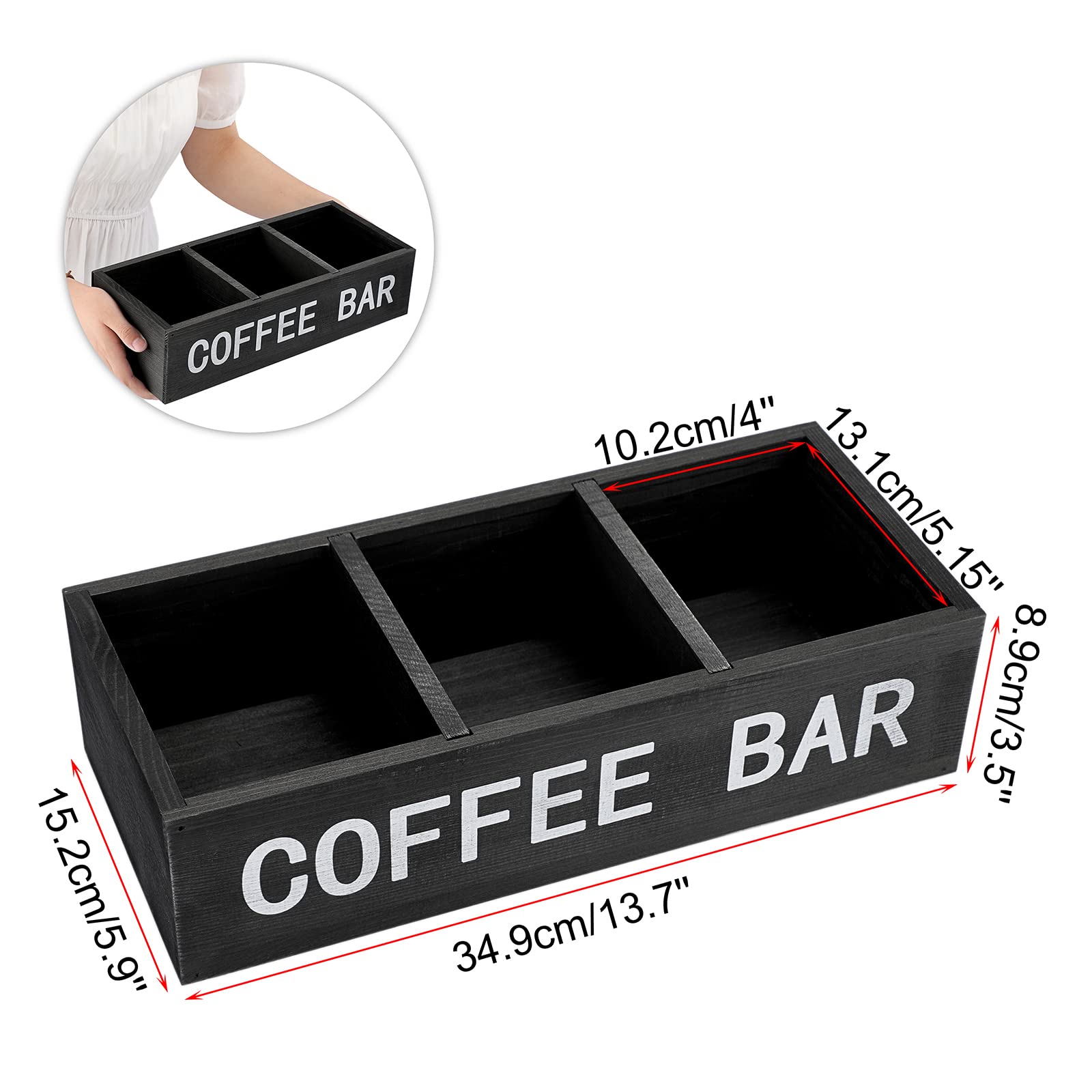 ELLDOO Wooden Coffee Bar Storage Box with Removable Grids - Coffee Station Organizer, Pod Holder & Rustic Kitchen Decor for Farmhouse, Countertop - Perfect for Home, Office & Coffee Shop Use (Black)