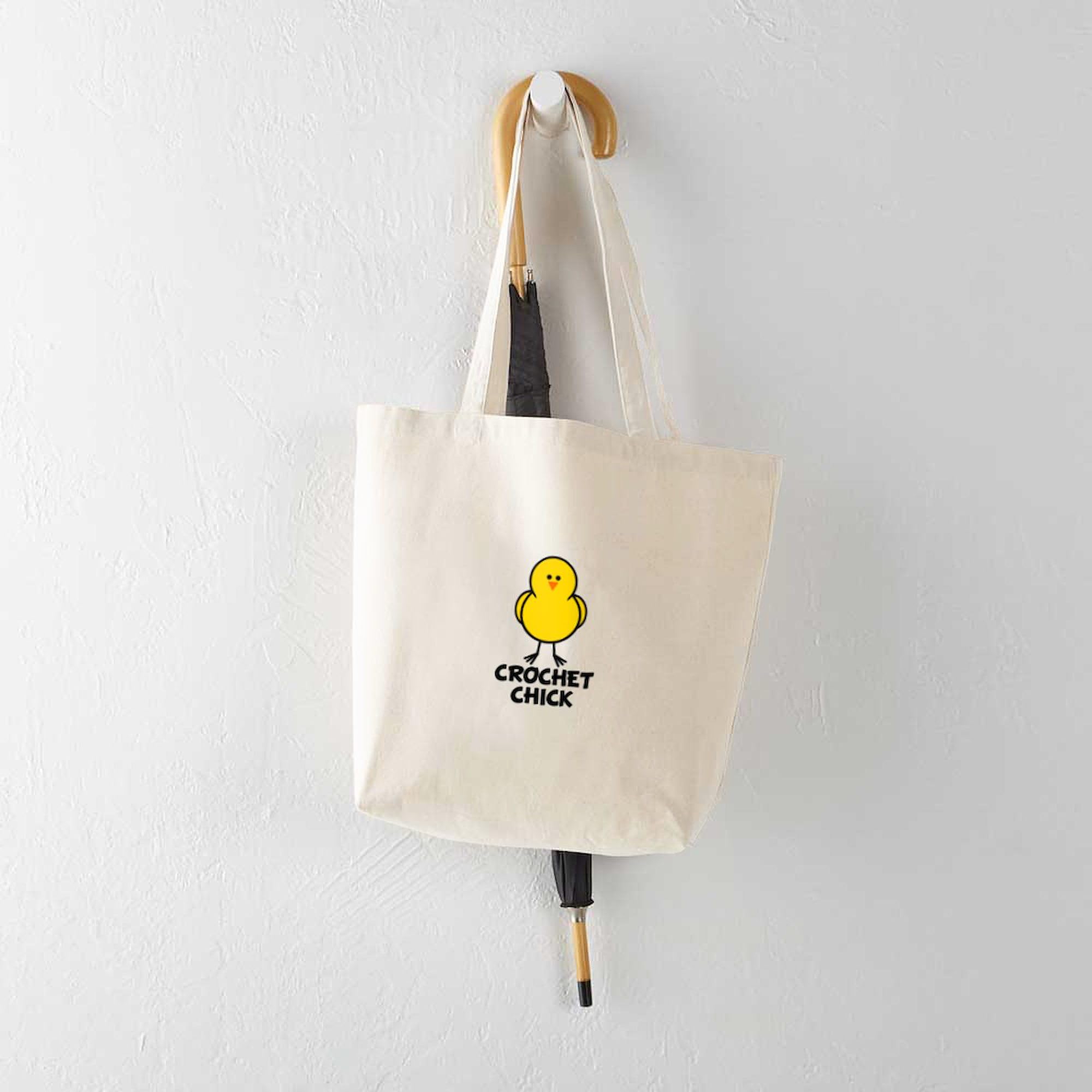 Crochet Chick Tote Bag - Natural Canvas Reusable Shopping Bag for Women, Eco-Friendly Grocery Tote with Roomy Interior - Perfect for Farmers Market, Beach Trips & Everyday Use