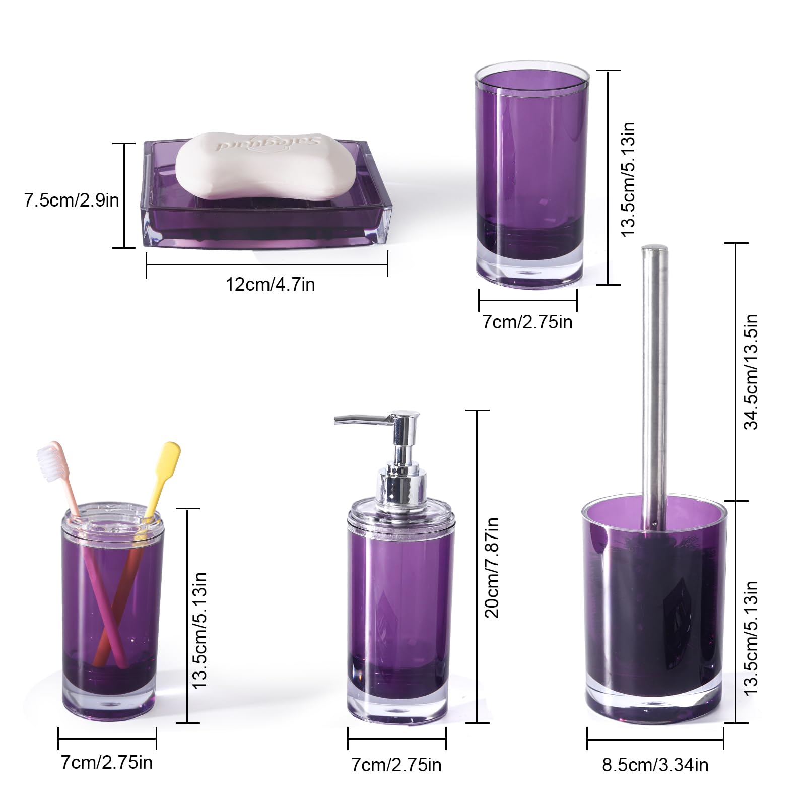 5-Piece Dark Purple Acrylic Bathroom Set - Soap Dispenser, Soap Dish, Toothbrush Holder, Tumbler & Toilet Brush with Holder | Modern Bathroom Decor & Housewarming Gift | Perfect for Guest Bathrooms, Master Suites & Spa-Inspired Home Decor