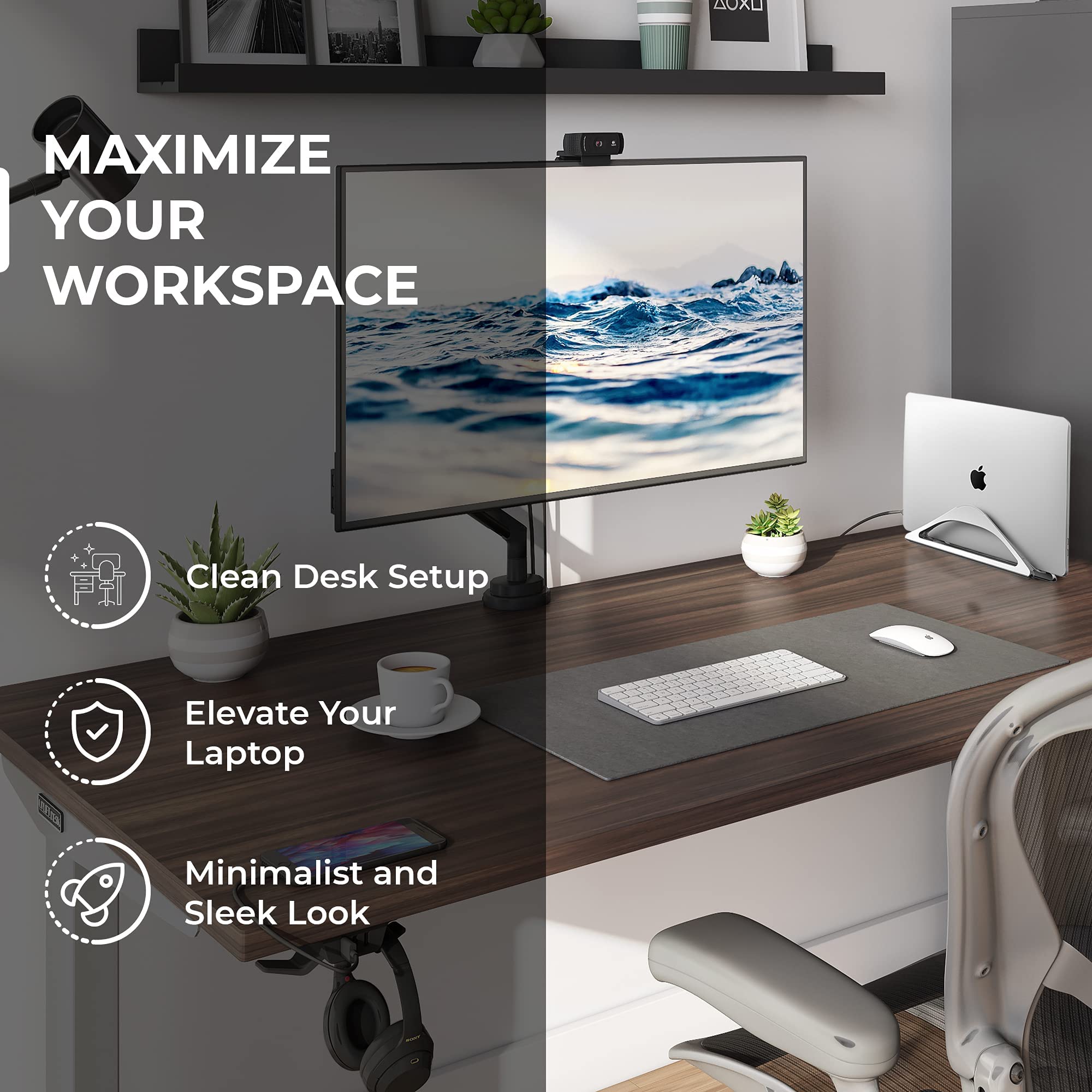 HumanCentric Silver Vertical Laptop Stand with USB C Docking Station - 87W Charger & HDMI Monitor Dock - Ergonomic Desk Organizer for MacBook, Dell, HP (Home Office & Workspace Setup)