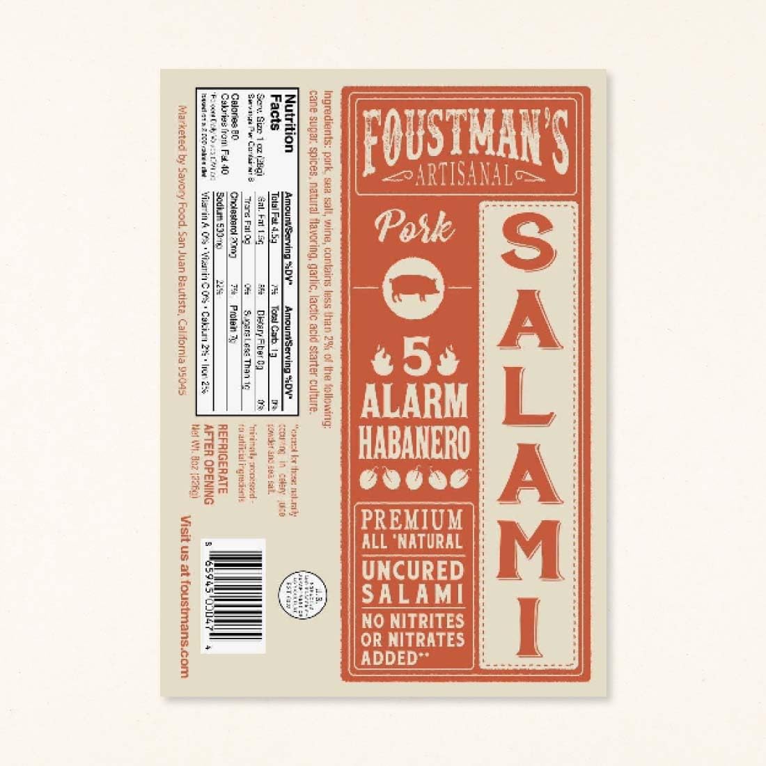 Foustman's Artisanal 5 Alarm Habanero Salami Pork Sticks - Nitrate-Free, Naturally Cured, Gluten-Free & Dairy-Free (8 Oz) | Perfect for Camping, Hiking & Keto Snacks