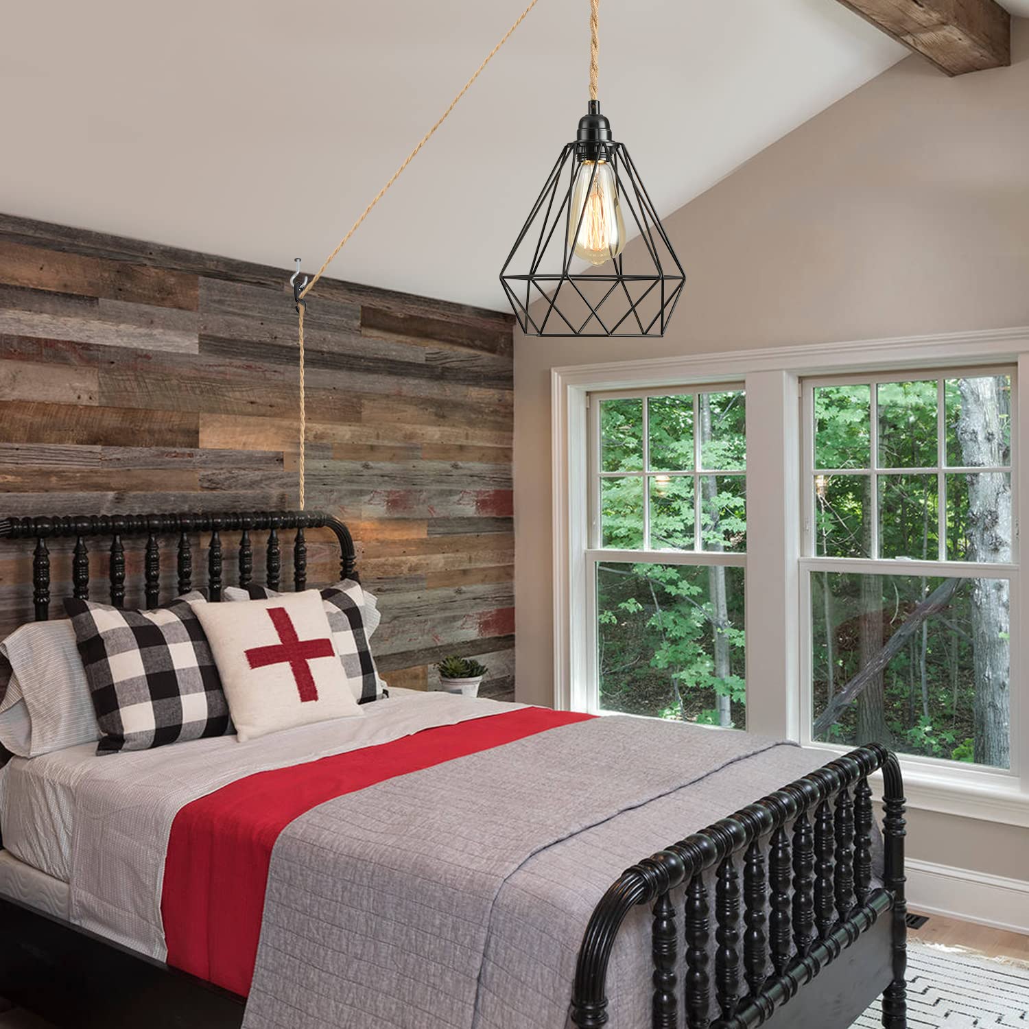 Farmhouse Plug-in Pendant Light with Hemp Rope - 15 Ft Hanging Lamp Kit with Switch & Industrial Diamond Metal Cage - Rustic Lighting for Bedroom, Living Room, Kitchen Island & Dining Room Decor