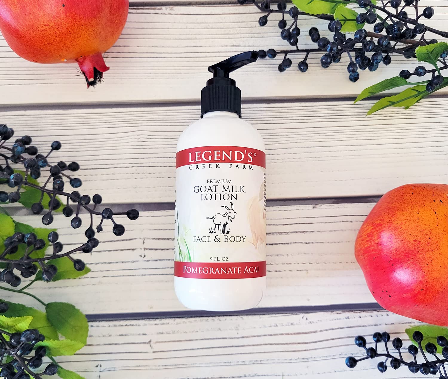 Legend's Creek Farm Goat Milk Lotion - 9 oz Hydrating Body, Hand & Face Moisturizer with Shea Butter, Sunflower Oil & Aloe | Handmade in USA | Pomegranate Acai Scent | Perfect for Dry Skin Care, Daily Hydration & Gift Giving