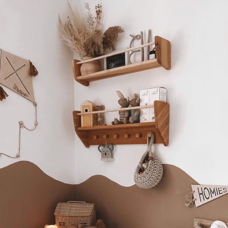 Wooden Wall Mounted Bookshelf for Kids - Nursery Decor with Hooks, Montessori Bookshelf for Toddlers, Baby Shower Gift (Large) - Perfect for Nursery, Playroom, and Kids Bedroom Organization