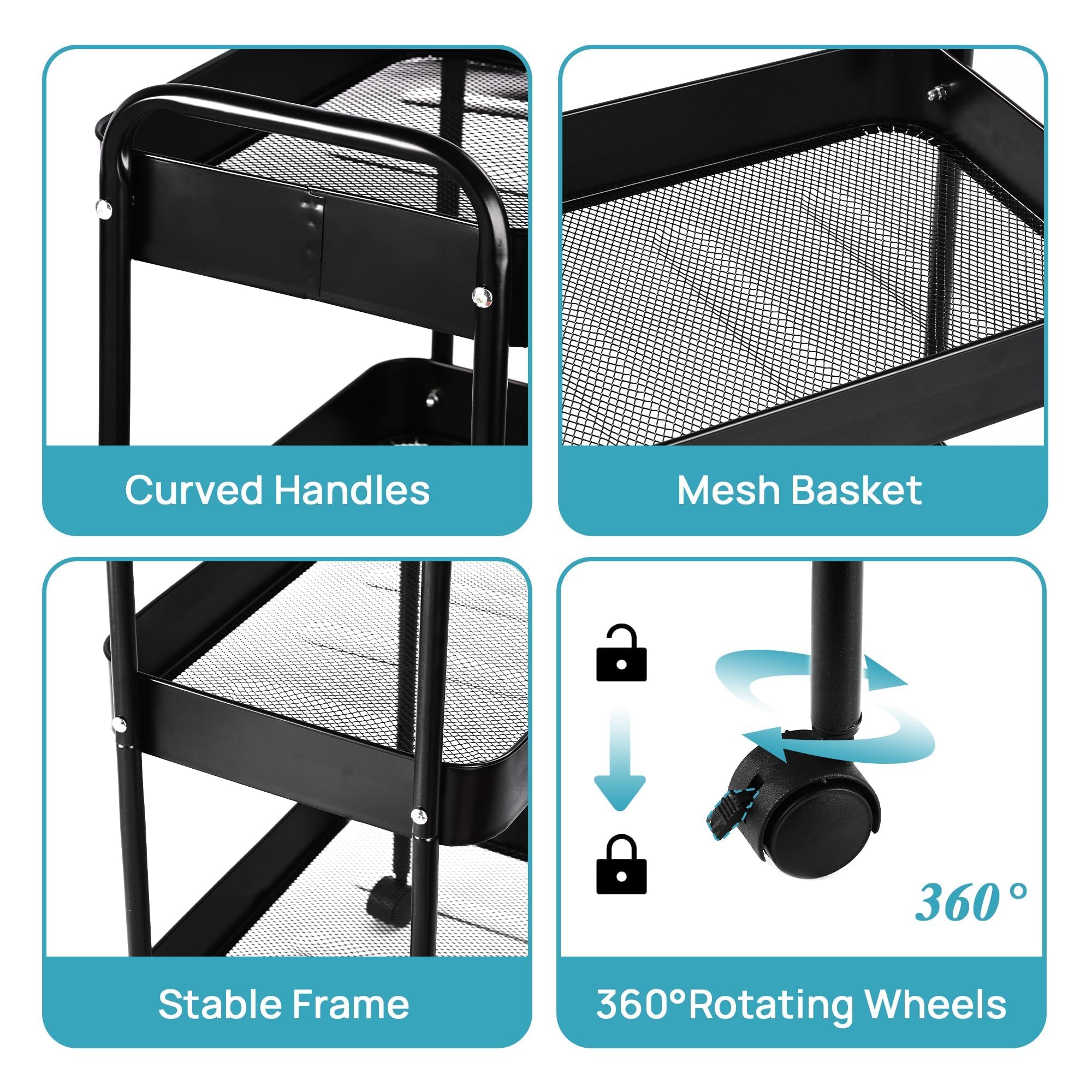 4 Tier Rolling Utility Cart with Wheels - Heavy Duty Metal Storage Organizer for Kitchen, Living Room, Office & Garage - Detachable Mobile Trolley with Locking Casters (Black) - Perfect for Organizing Pantry Items, Bathroom Supplies, Office Files or Garage Tools