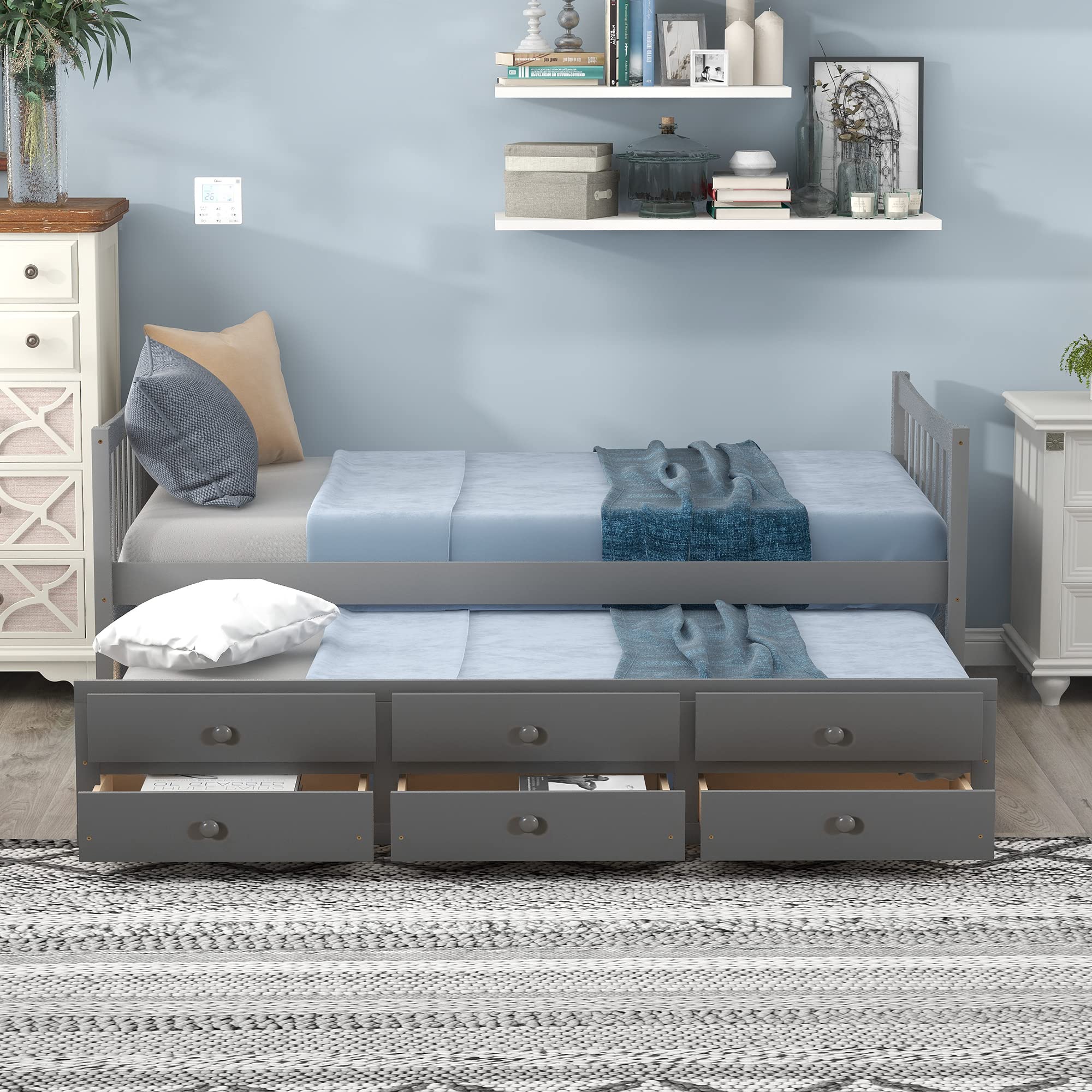 Twin Size Daybed with Trundle - Pinewood Platform Bed Frame with 3 Storage Drawers, Convertible Sofa Bed for Kids & Teens Bedroom - Space Saving Gray Furniture for Guest Room, Dorm or Small Spaces