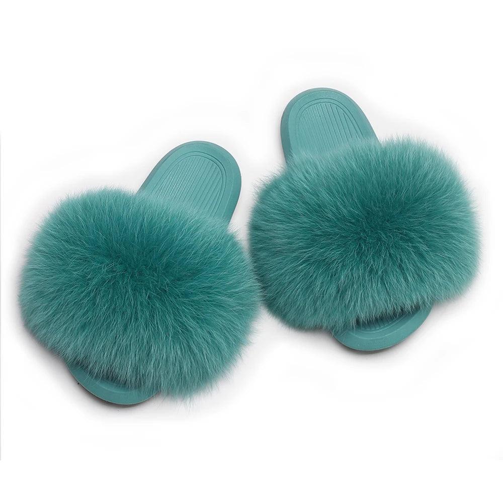 Women's Fluffy Fox Fur Slippers - Cozy Plush House Sandals for Indoor Comfort & Winter Warmth | Perfect for Lounge, Bedroom & Gift Giving