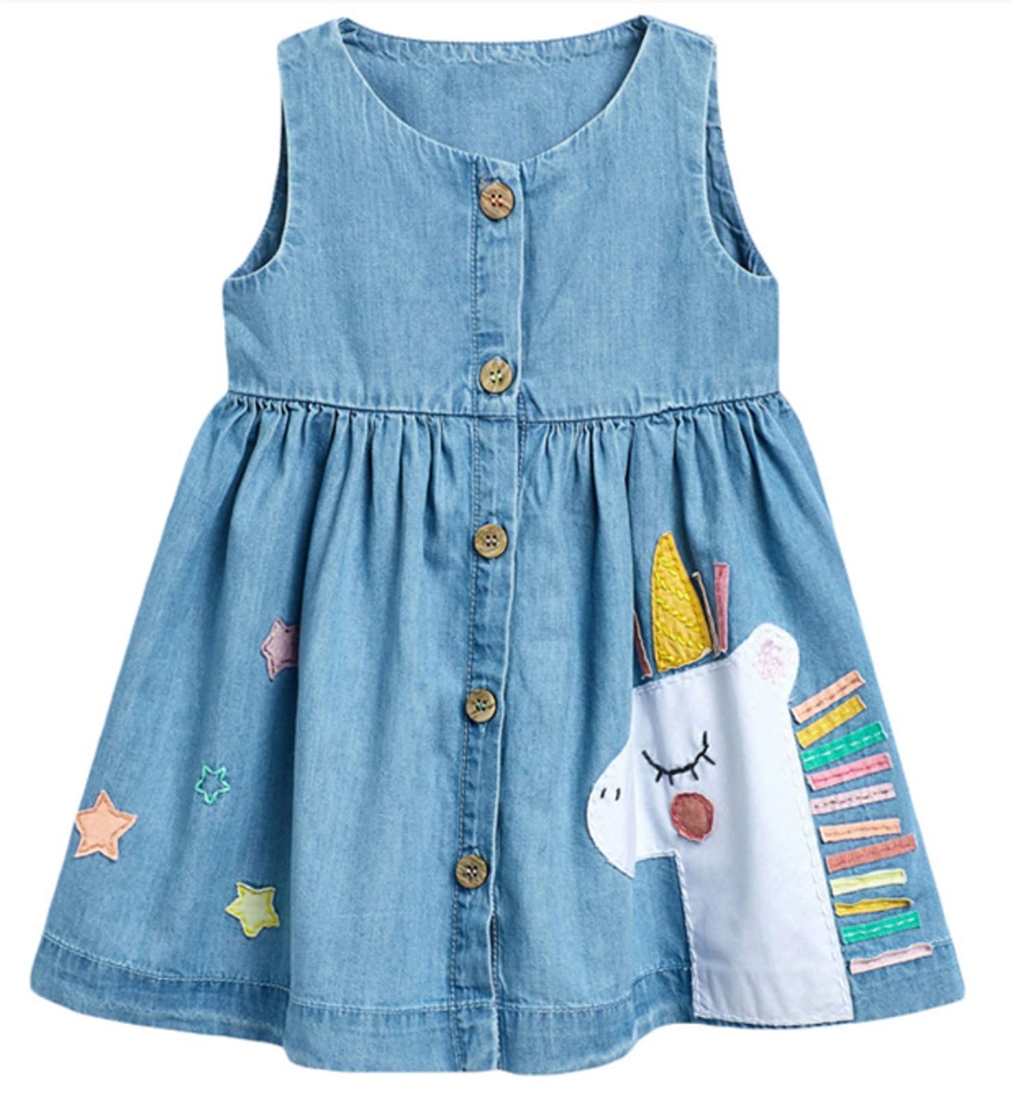 HILEELANG Toddler Girls Short Sleeve Cotton Dress - Cute Cartoon Appliques Casual Playwear for Spring & Summer - Perfect for Playdates, Daycare & Outdoor Activities