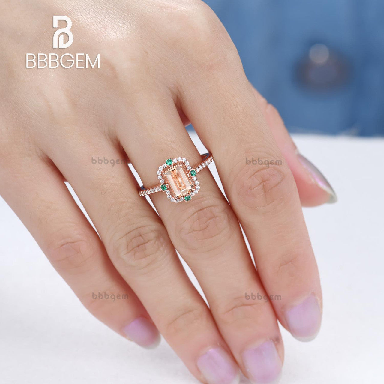 Vintage Emerald Step Cut Peachy Pink Morganite Rose Gold Statement Ring with 4 Emerald Accents - Elegant Jewelry for Weddings, Anniversaries & Special Occasions