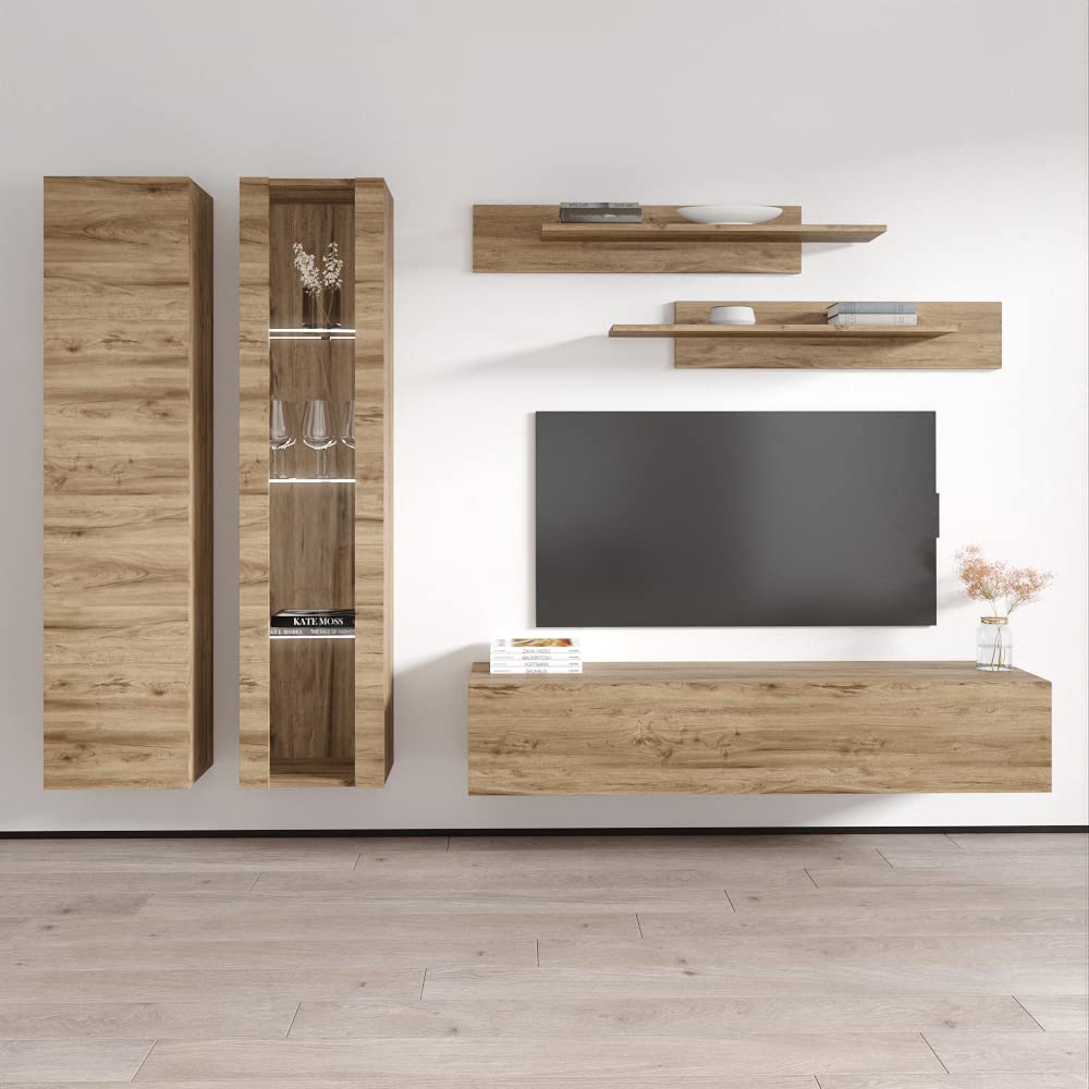Modern Floating TV Stand with Storage Shelves & LED Lights - Wall Mounted Entertainment Center for Bedroom & Living Room - Oak Wood TV Console for 30-55 Inch TVs - Perfect for Small Spaces & Home Theater Setup